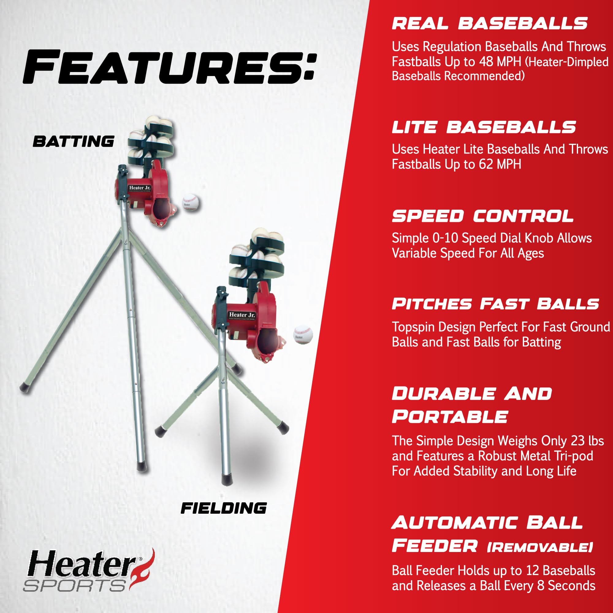 Heater Sports Junior Baseball Pitching Machine - Portable & Adjustable Speed/Angle for Kids Batting Practice | Youth Baseball Training Equipment for Backyard, Field & Team Drills