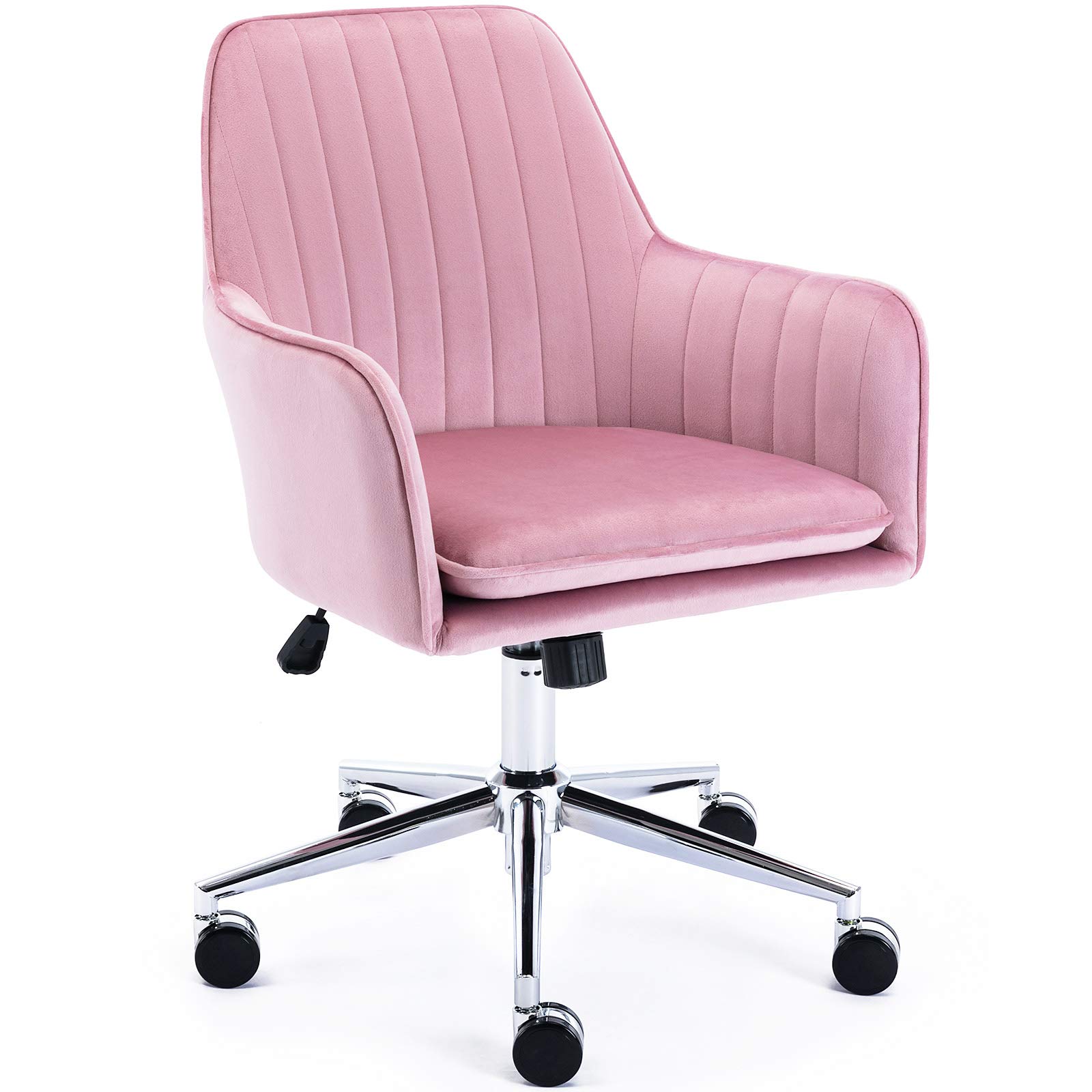 Jacky Home Velvet Office Desk Chair - Mid-Back Modern Adjustable Height 360° Swivel Upholstered Computer Task Chair with Arms & Wheels - Ergonomic Support for Home Office, Study Room, Living Room & Bedroom (Pink)