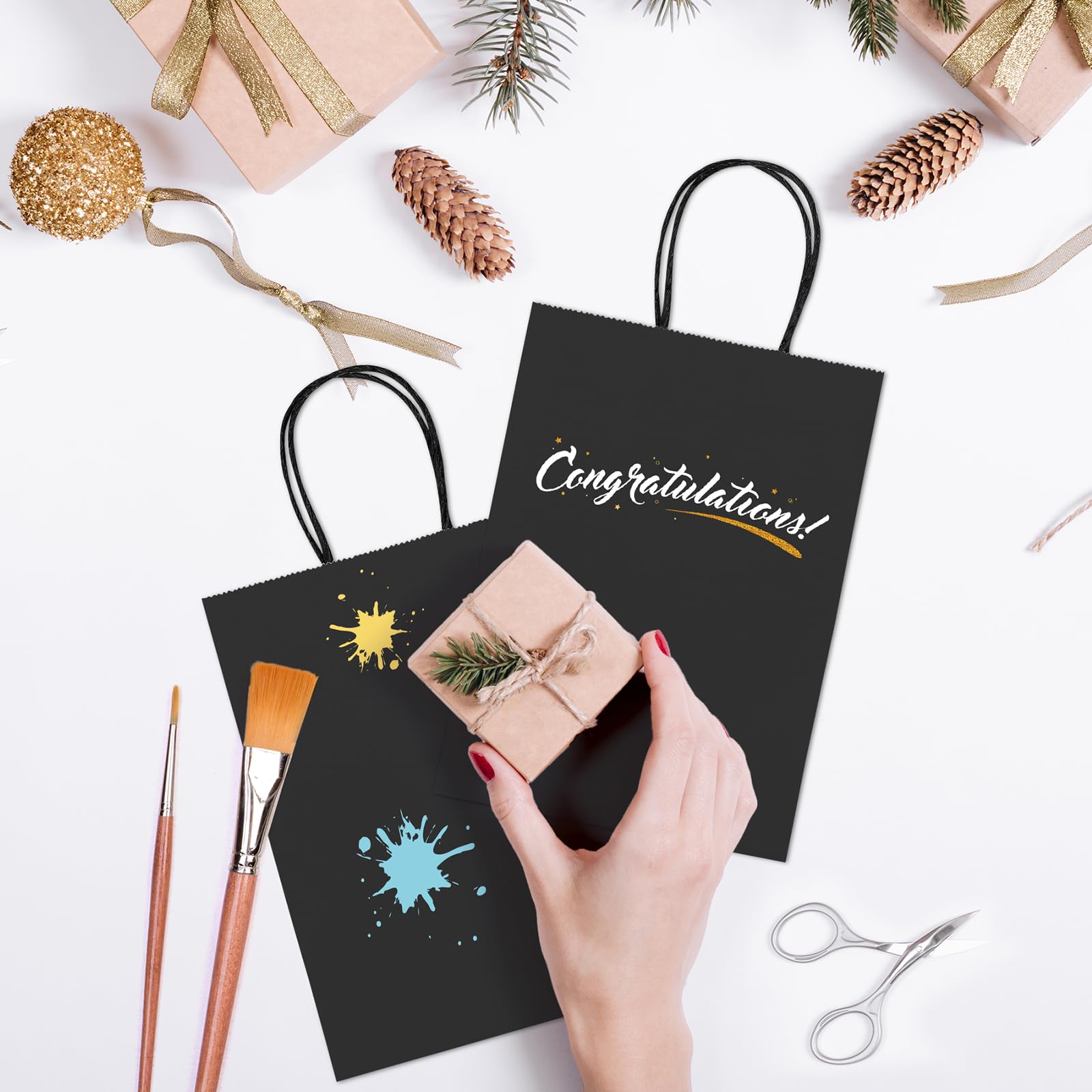 GSSUSA Kraft Paper Gift Bags 5.25x3.75x8 Inches - 20 Pack Black Handle Bags | Bulk Eco-Friendly Shopping Bags for Retail, Parties, Weddings, Grocery & Business | Perfect for Gift Wrapping, Merchandise Packaging & Boutique Displays