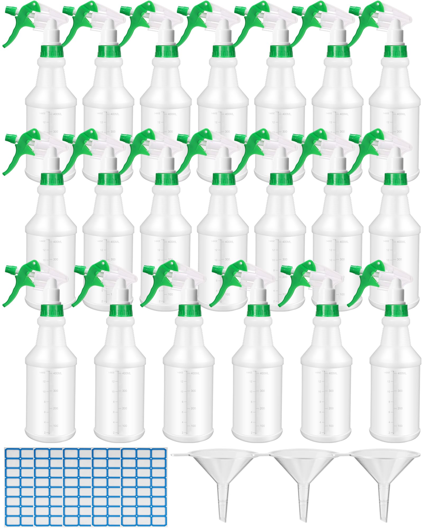 Eccliy 20 Pack 16 Oz Empty Spray Bottles - Leak Proof with Measurements & Adjustable Nozzle - Round Green & Blue Cleaning Bottles for Home, Kitchen, Bathroom, and Commercial Use