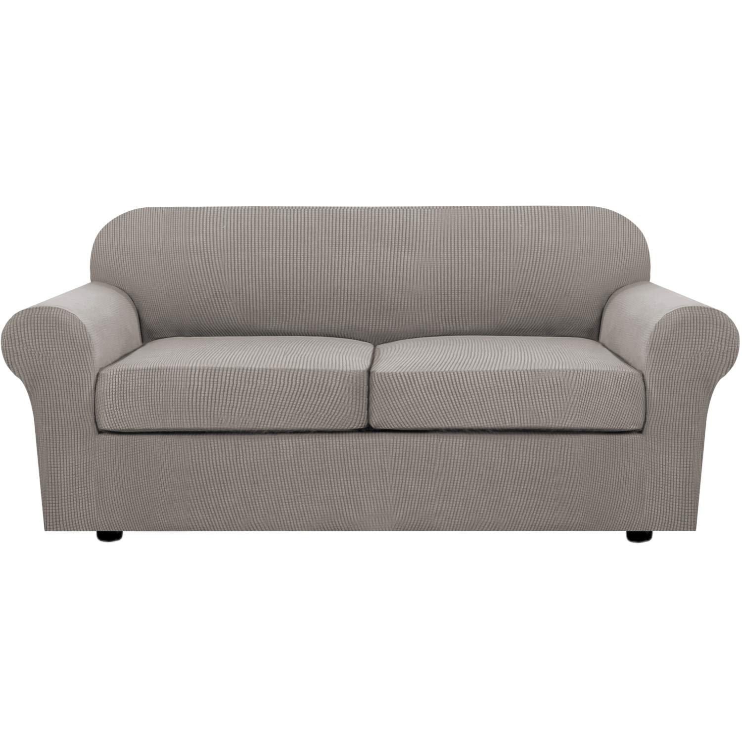 H.VERSAILTEX 3-Piece Stretch Sofa Cover Set for 2-Cushion Couches - Thick Jacquard Fabric Slipcovers (Base + 2 Seat Covers), Taupe - Perfect for Living Room Furniture Protection & Style Upgrade
