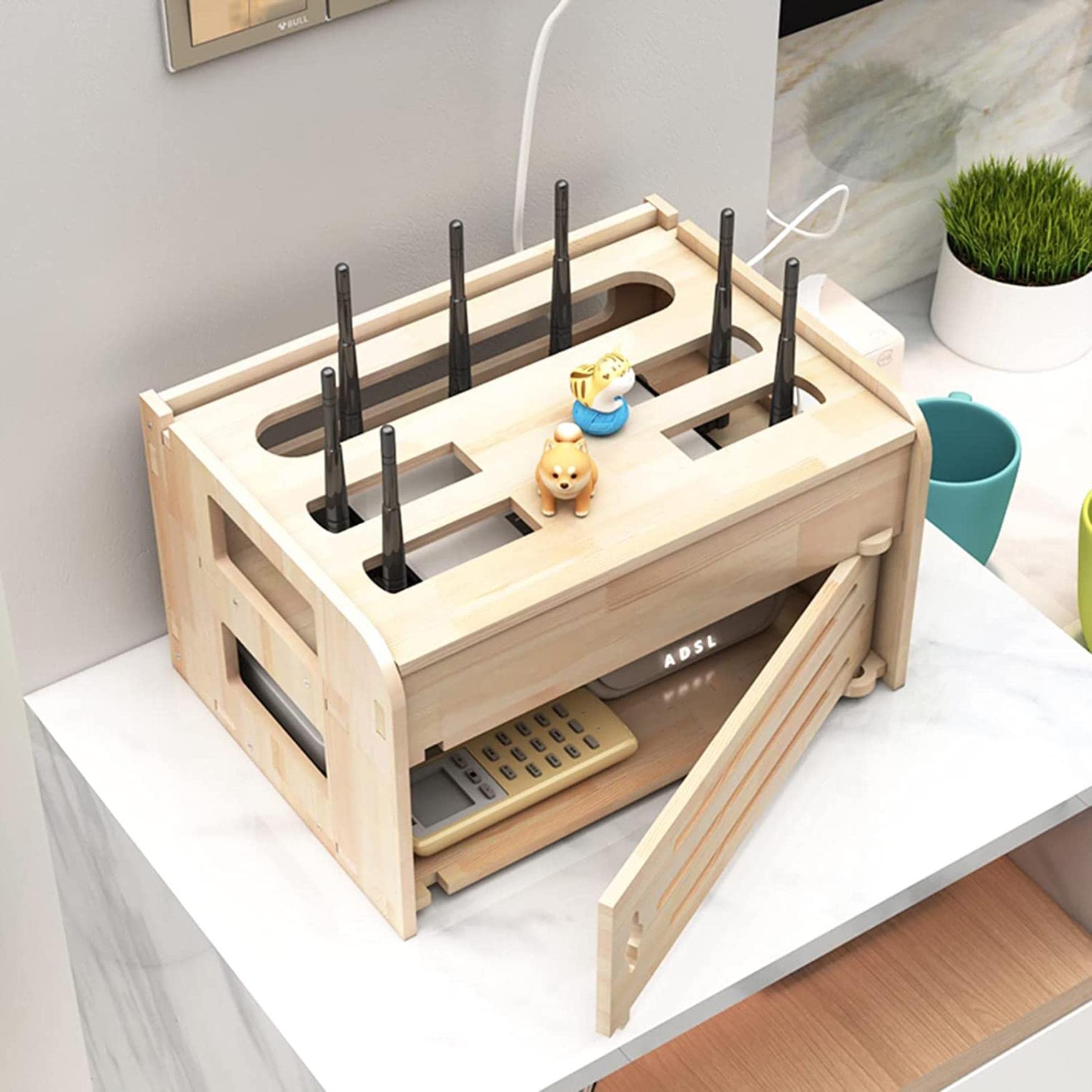 Wooden WiFi Router Storage Box with Wall Mount - Cable Management Organizer for Routers, Modems, TV Set-Top Boxes & Wires - Perfect for Home Office, Living Room & Entertainment Center Organization