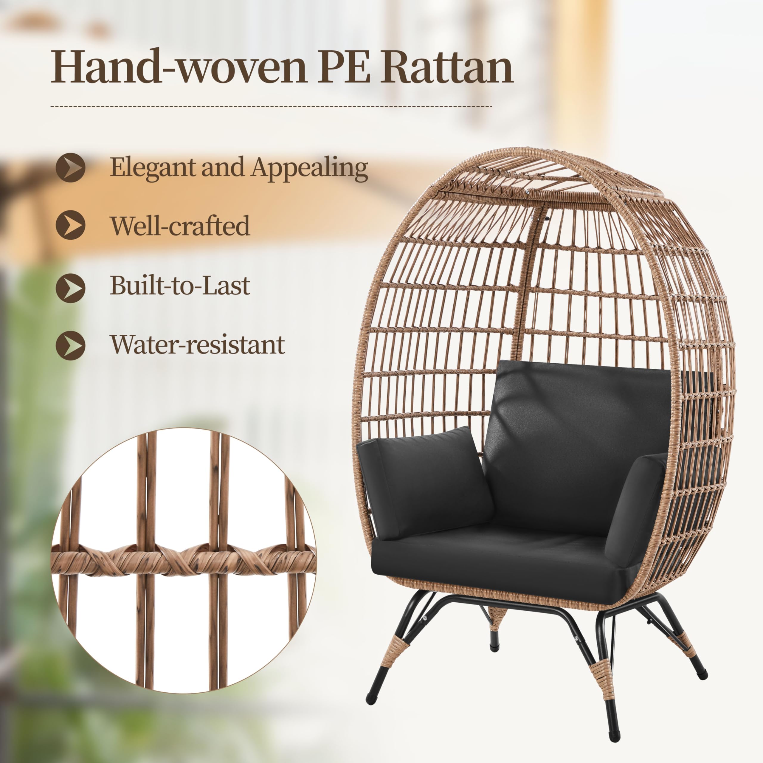 Yaheetech Oversized Egg Rattan Chair - Indoor/Outdoor PE Wicker Hanging Basket Lounger with 4 Cushions & Metal Stand for Patio, Balcony, Backyard, Living Room - Light Brown/Black - Perfect for Relaxing, Reading & Sunbathing