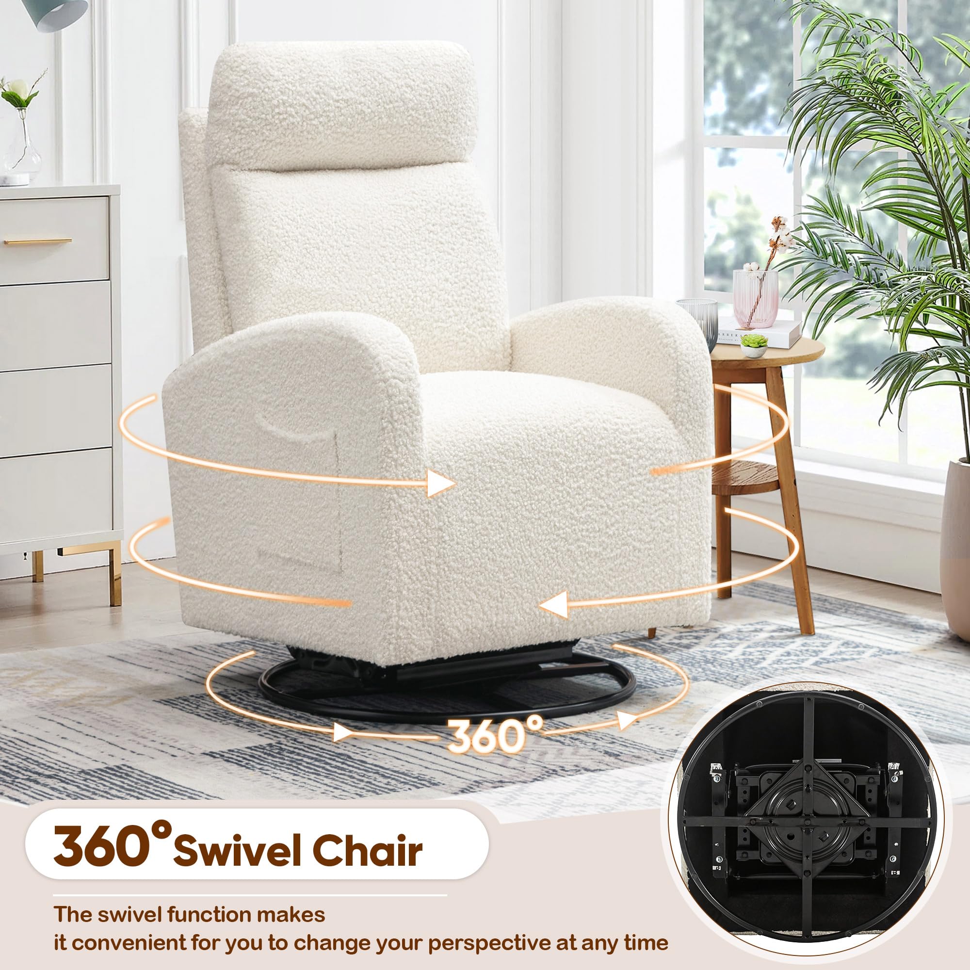 360° Swivel Glider Chair for Nursery & Living Room - Modern Ergonomic Rocking Recliner with High Back & Side Pocket - Cream White Boucle Upholstered Accent Chair for Bedroom, Nursery, Office - Perfect for Nursing, Relaxing & Reading