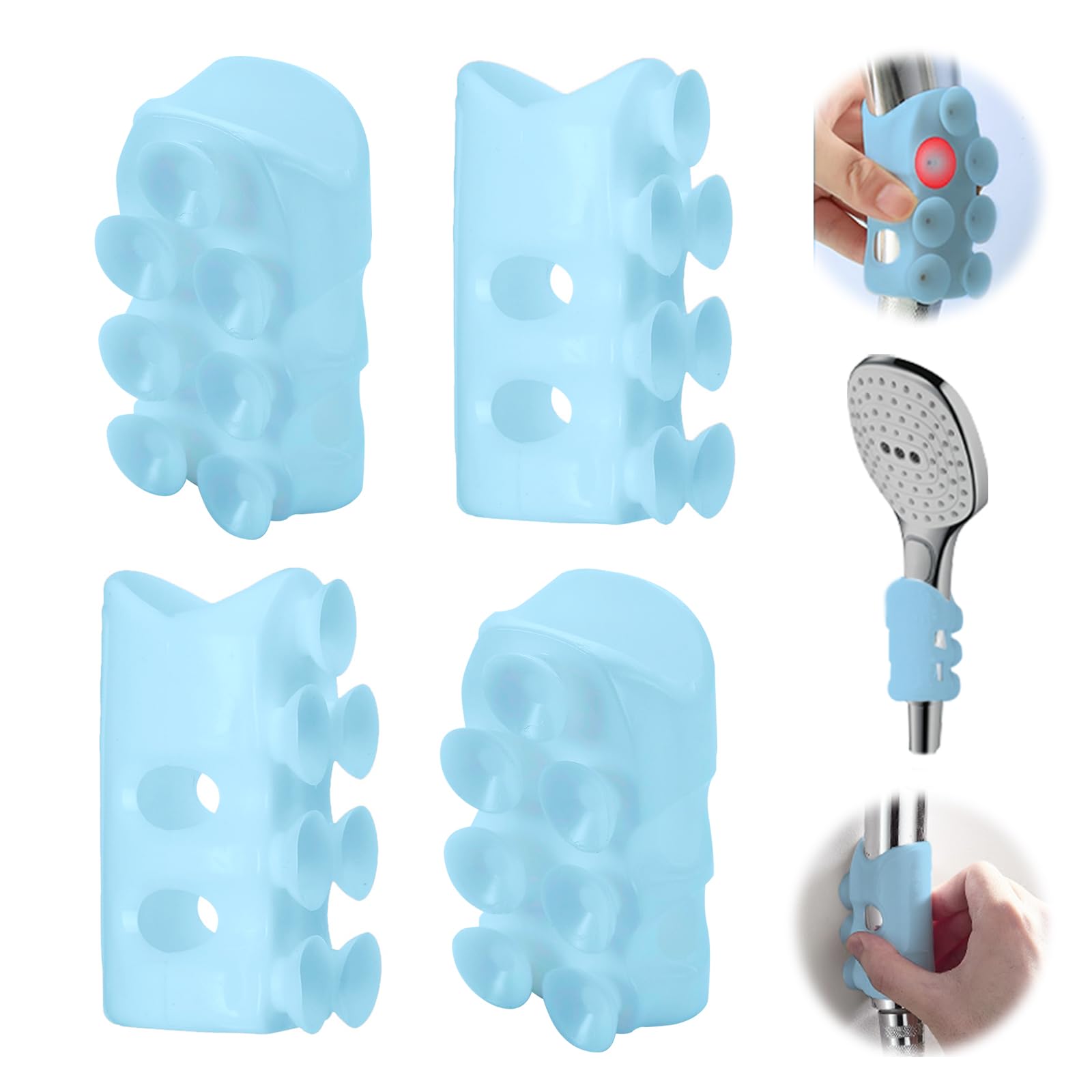 Universal Suction Cup Shower Head Holder - Wall Mount, Non-Drill, Relocatable Silicone Bracket for Handheld Shower (4Pcs, Blue) - Perfect for Bathroom, RV, and Camping Showers
