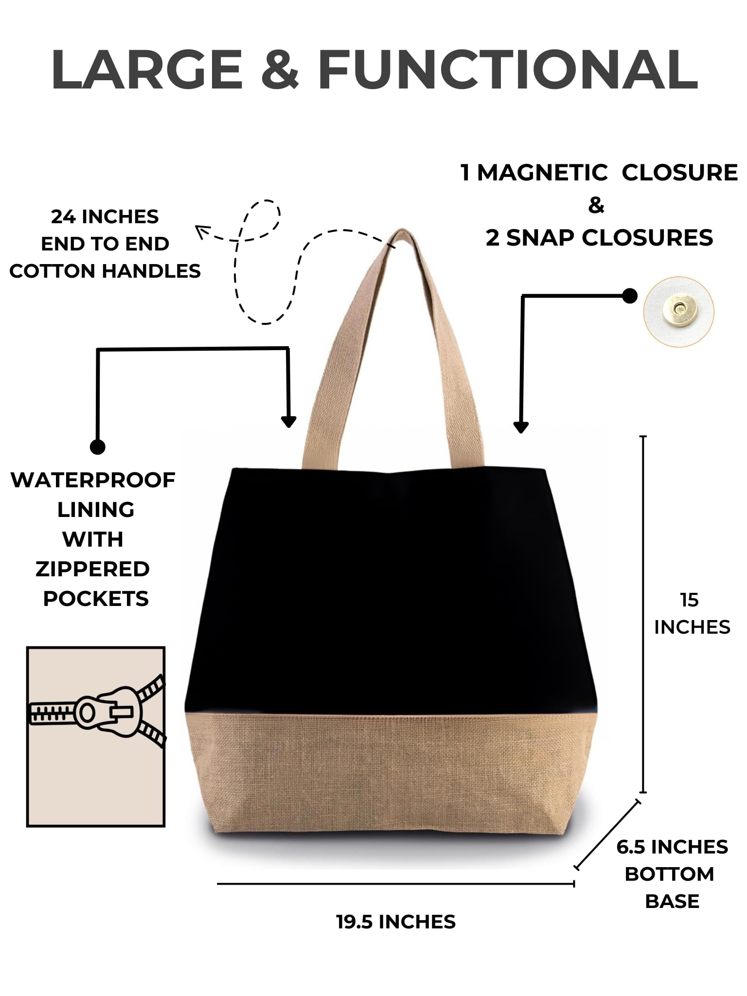 Large Boho Beach Tote Bag with Snap Closure - Jute Canvas Summer Tote with Lining & Zippered Pockets (Black) | Perfect for Beach Trips, Poolside, Travel & Shopping