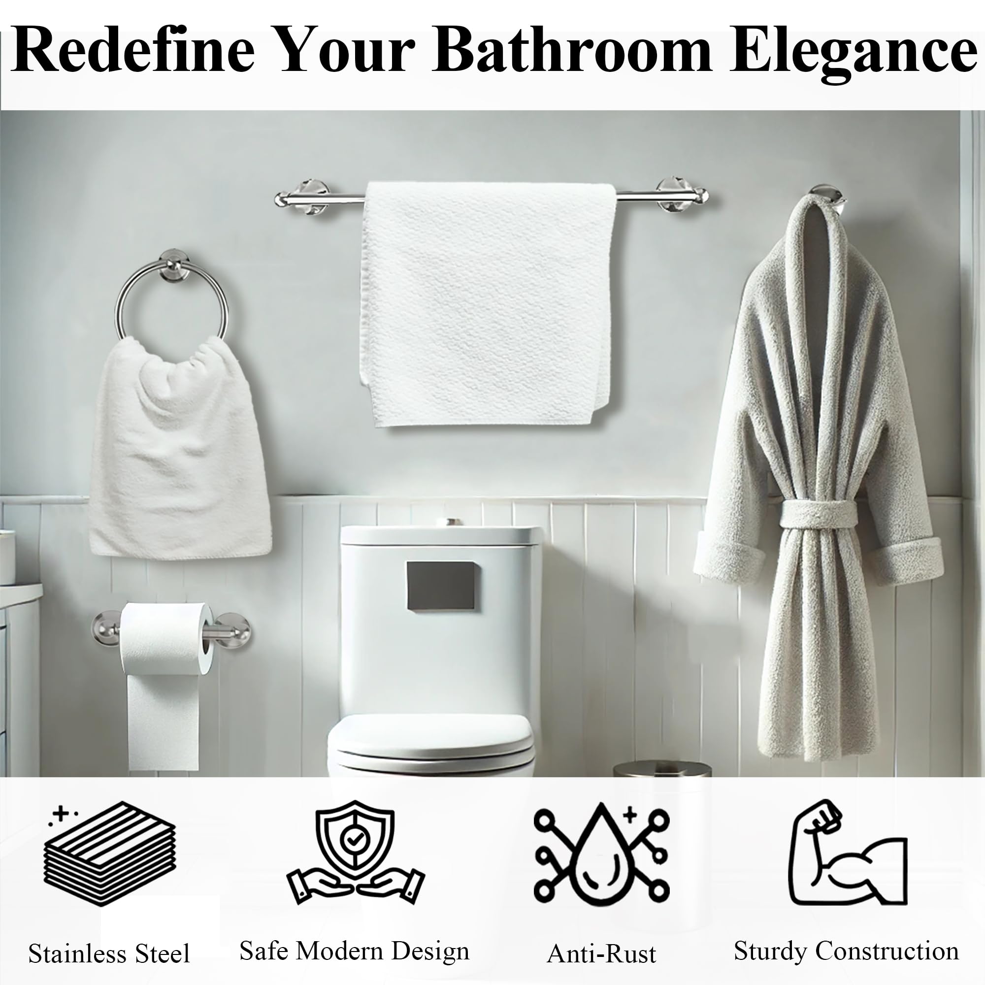 4-Piece Brushed Nickel Bathroom Hardware Set - Towel Rings, Hooks & Bar for Wall Mounting - Stainless Steel Towel Holder Set for Modern Bathrooms - Perfect for Home, Hotel & Spa Decor