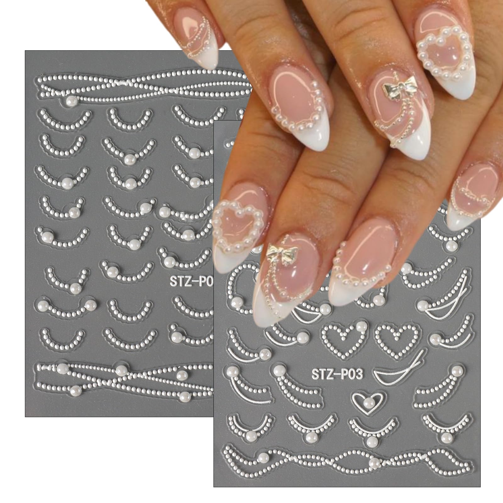 2 Sheets 5D Embossed French Pearls Nail Art Stickers with Heart Designs - DIY Valentines Nail Decals for Women & Girls - Perfect for Acrylic Nails, Valentine's Day Parties & Romantic Date Nights