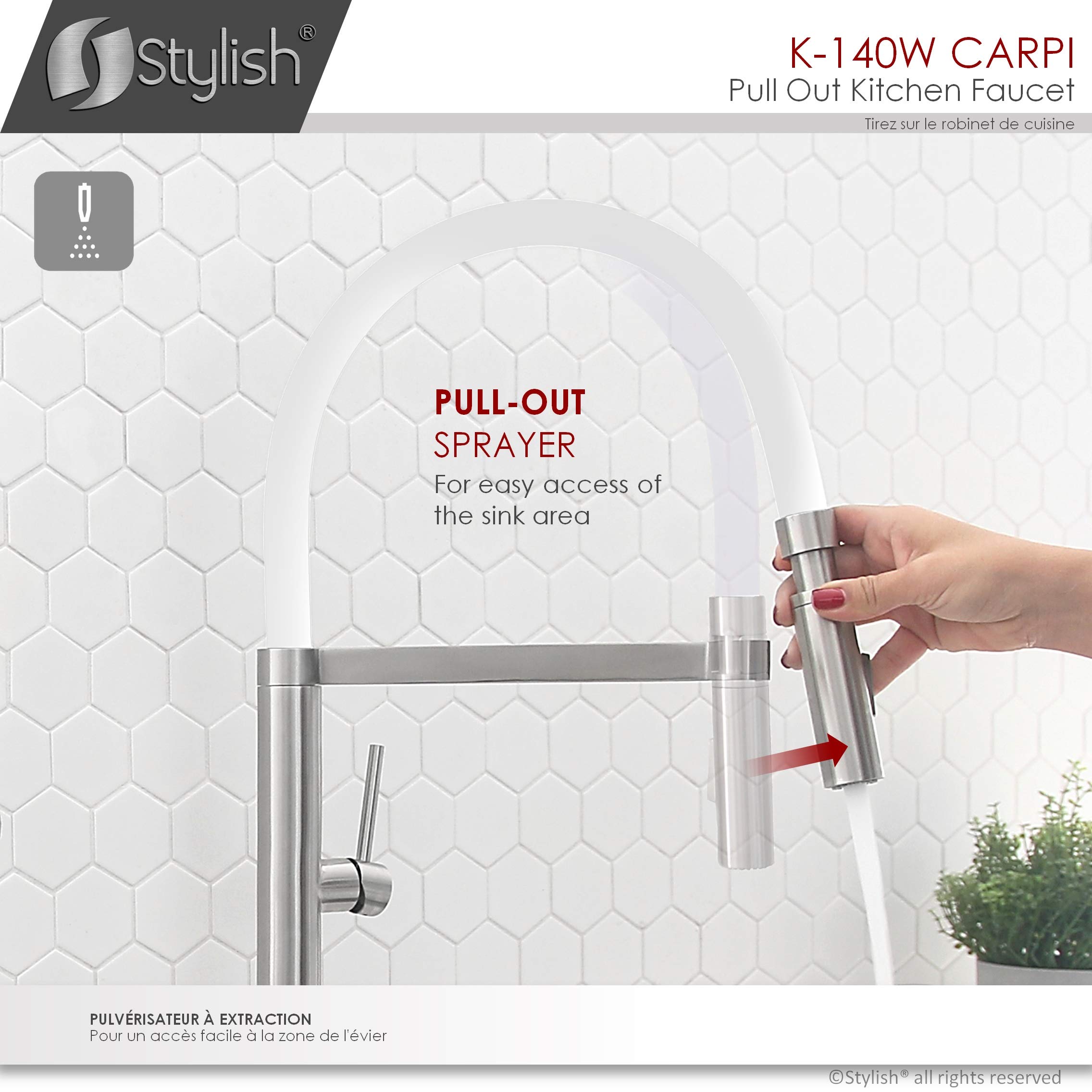 Stylish Pull-Out Kitchen Faucet with Dual Function Sprayer - Single Handle Brushed Stainless Steel Sink Faucet with Silicone White Hose, Ceramic Cartridge & Aerator (Model K-140H) - Perfect for Modern Kitchens, Dishwashing & Food Prep