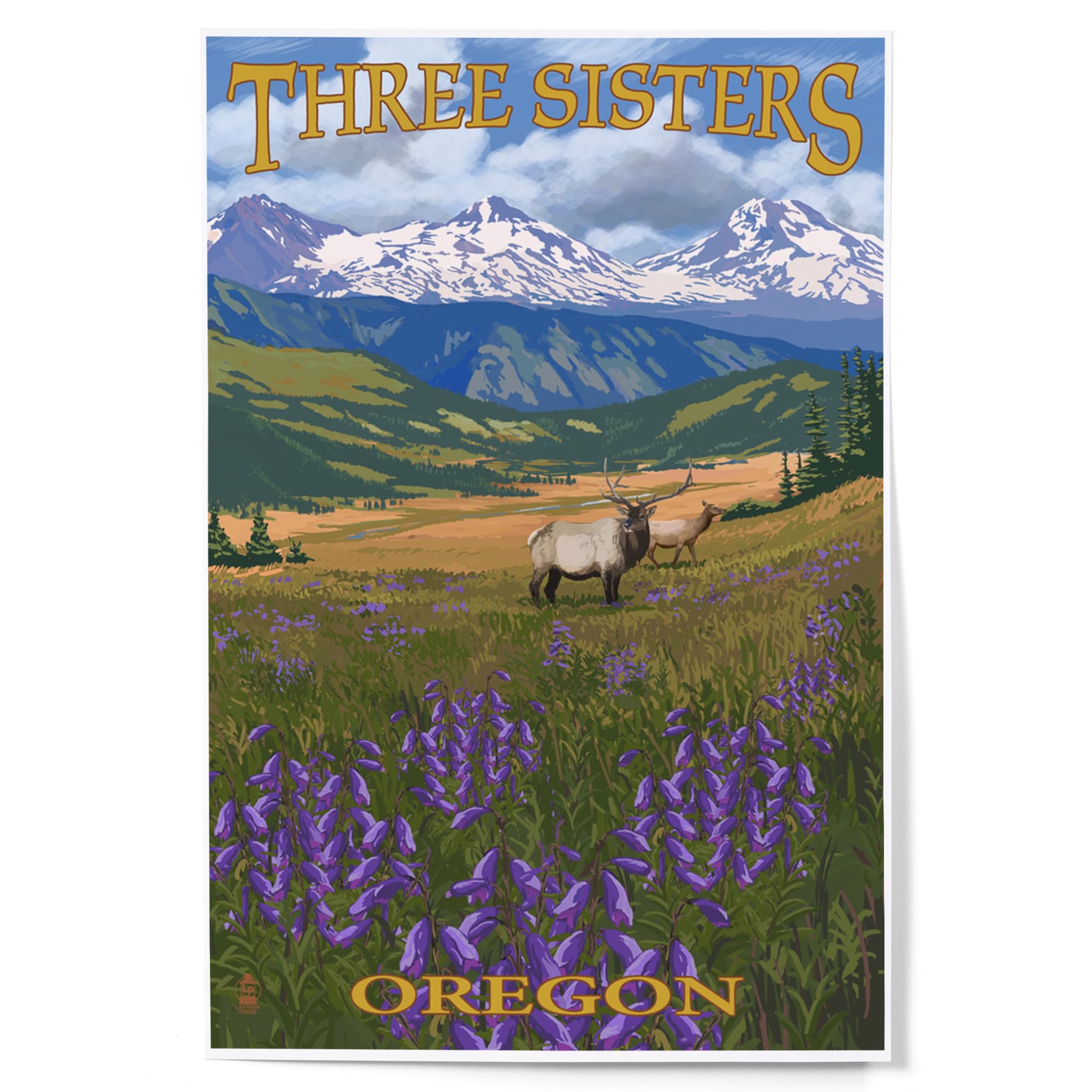Lantern Press 12x18 Inch Three Sisters Oregon Elk and Flowers Art Print - Nature Wall Decor for Living Room, Bedroom & Office