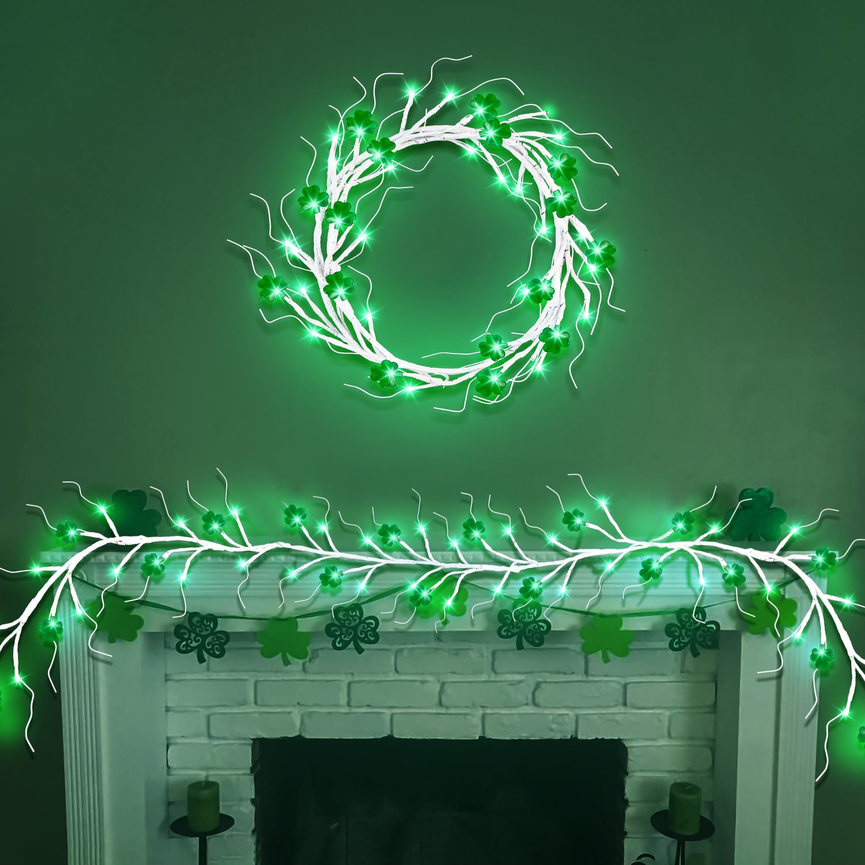 6Ft St. Patrick's Day LED Lighted Birch Garland with 16 Shamrocks - 48 Green Battery Operated Lights with Timer - Irish Holiday Decor for Mantel, Table, Wall - Perfect for St. Patrick's Party & Home Decoration