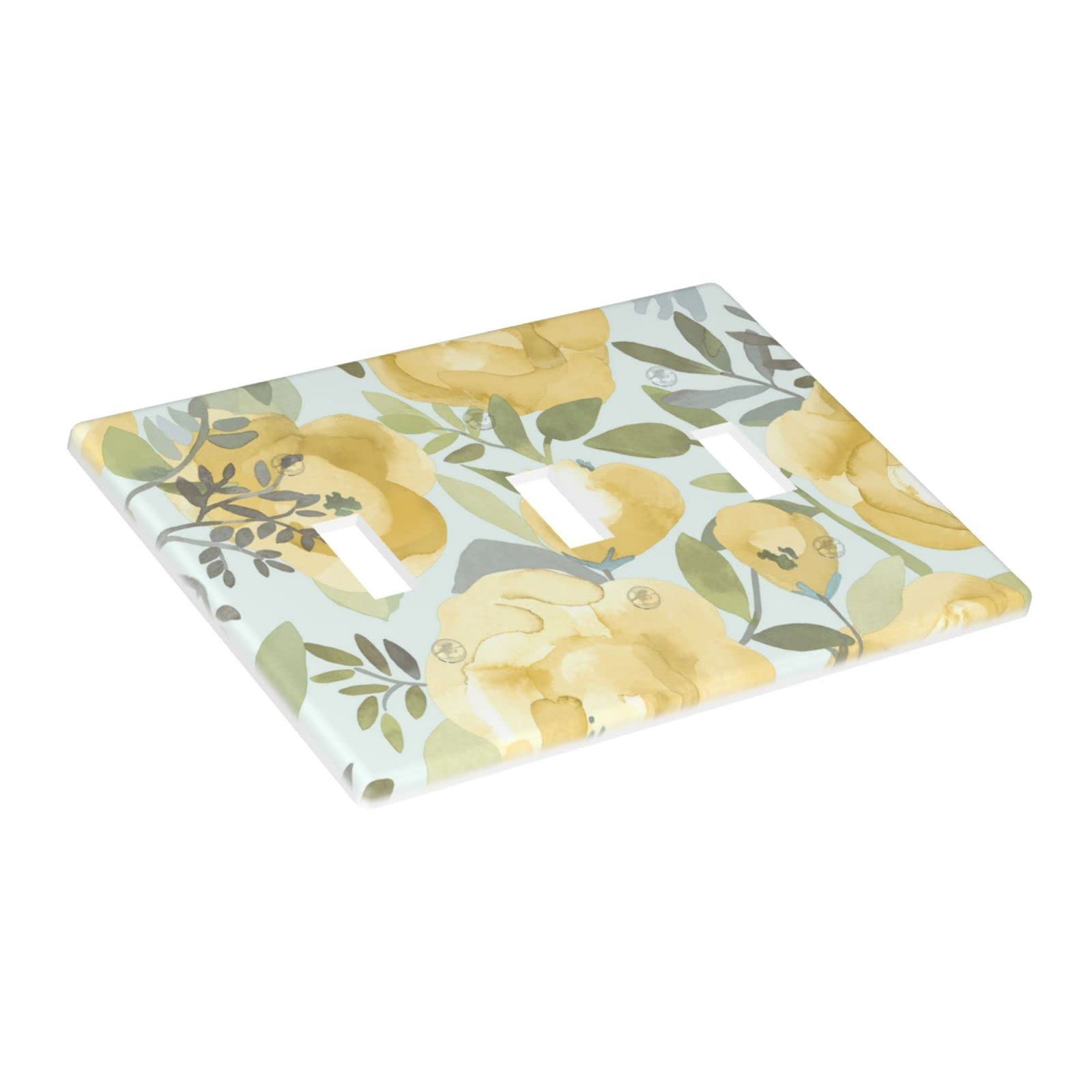 Yellow Floral Light Switch Cover - Triple Toggle Wall Plate, Decorative 3-Gang Switch Plate (4.5 x 6.38 Inch) for Kitchen, Bathroom & Bedroom - Brighten Your Home Decor