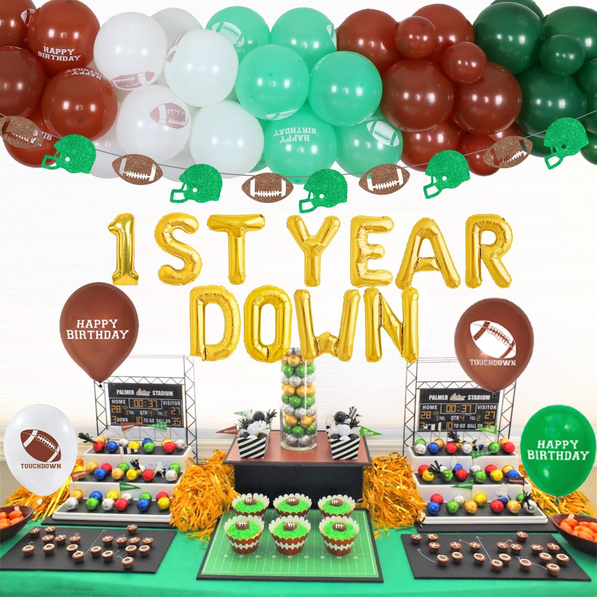 Jollyboom First Down Football Birthday Party Decorations Set - Football Theme 1st Birthday Party Supplies for Boys - 1st Year Down Balloons & Baby Shower Decorations - Perfect for Football Themed Birthday Parties, Baby Showers & Gender Reveals