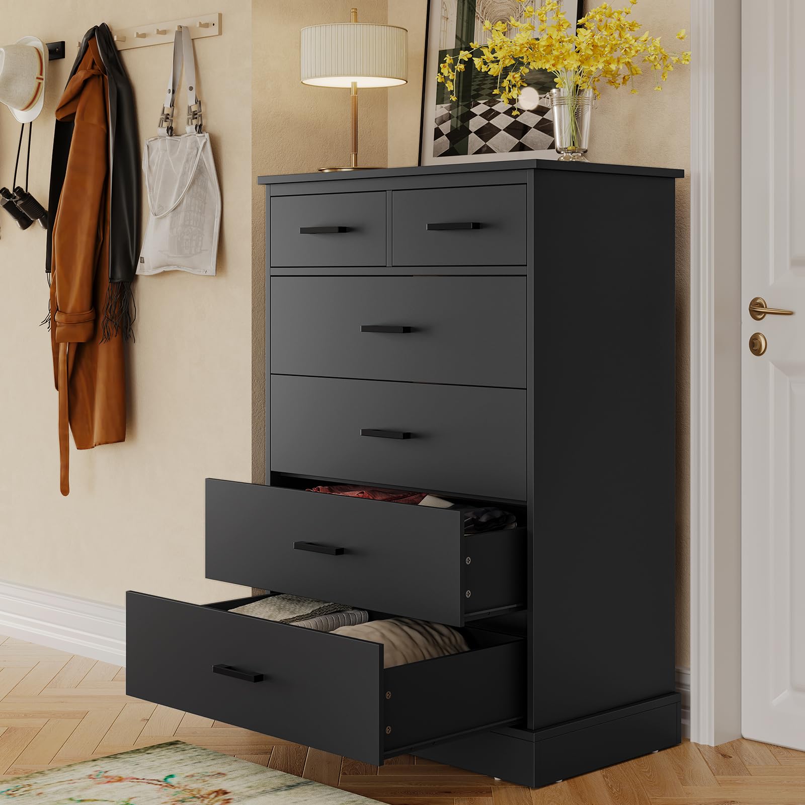Hasuit 6-Drawer Black Wood Dresser for Bedroom - Large Capacity Storage Cabinet & Clothes Organizer - Tall Chest of Drawers for Hallway, Entryway | Perfect for Bedroom Storage, Closet Organization & Entryway Décor