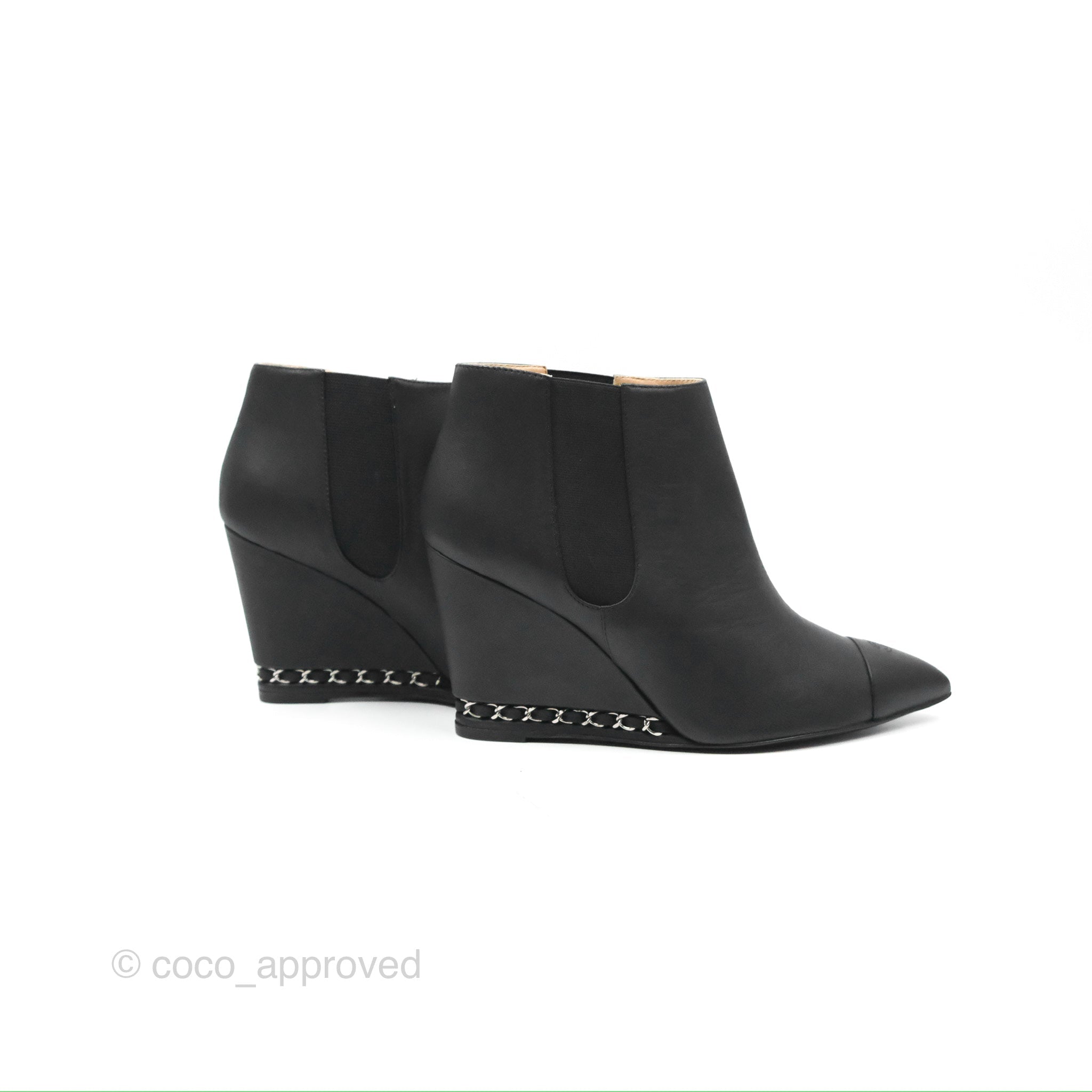 Chanel CC Pointy Toe Chain Wedge Ankle Boots Black Leather Women's Shoes - Perfect for Evening Parties, Date Nights & Fashion Events