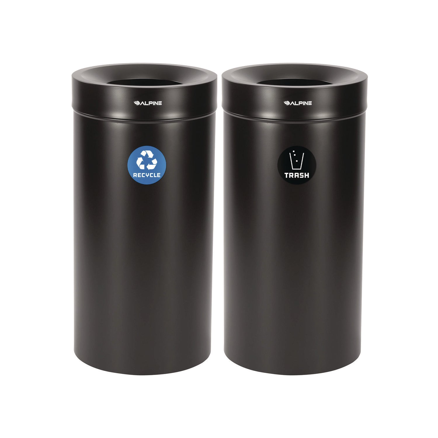 Alpine Industries 27 Gallon Black Stainless Steel Recycling Bin & Trash Can - Durable Kitchen & Office Waste Receptacle for Home & Commercial Use