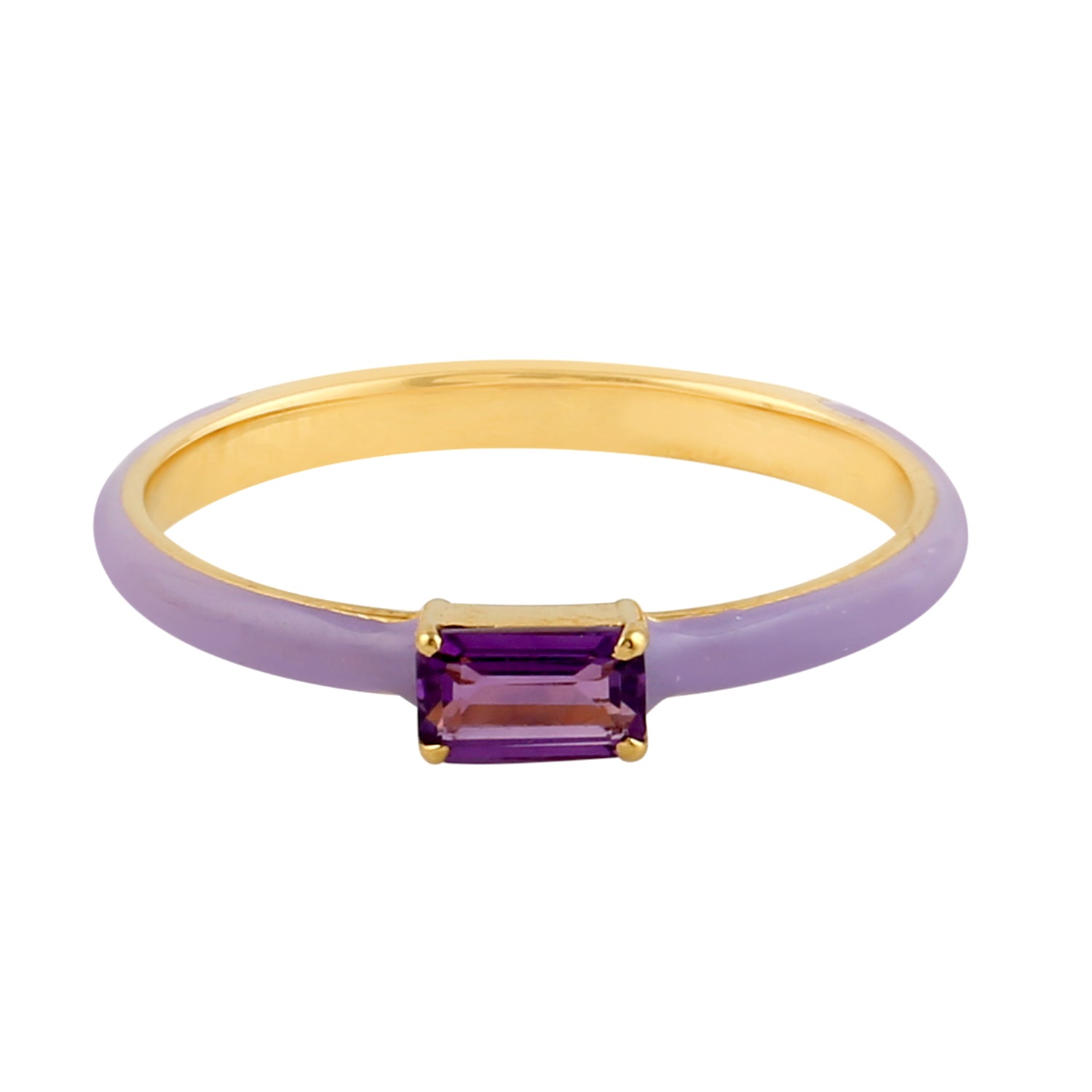18K Yellow Gold Baguette Cut Amethyst Enamel Band Ring - Elegant Dainty Jewelry for Women, Perfect for Weddings, Anniversaries & Special Occasions
