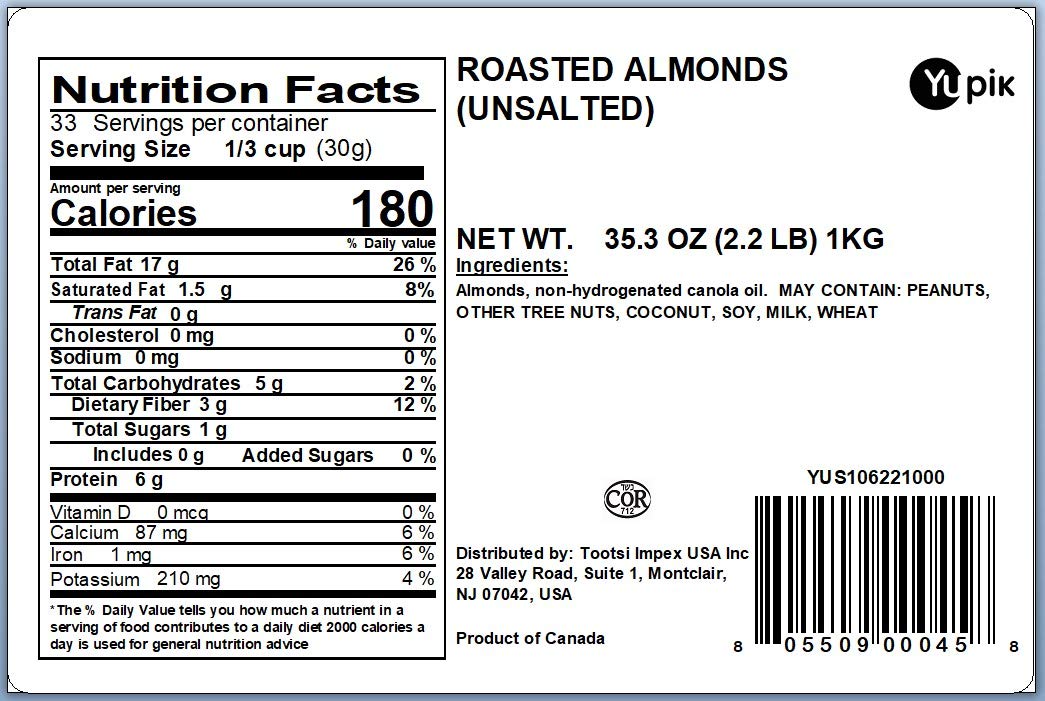 Yupik Roasted Unsalted Almonds, 2.2 lb (35.2 oz) Bulk Pack of 6 | Gluten-Free, Kosher, Vegan Whole Nuts | No Added Salt, Lightly Roasted & Crunchy | High Fiber Healthy Snacks for Office, Hiking & Weight Loss