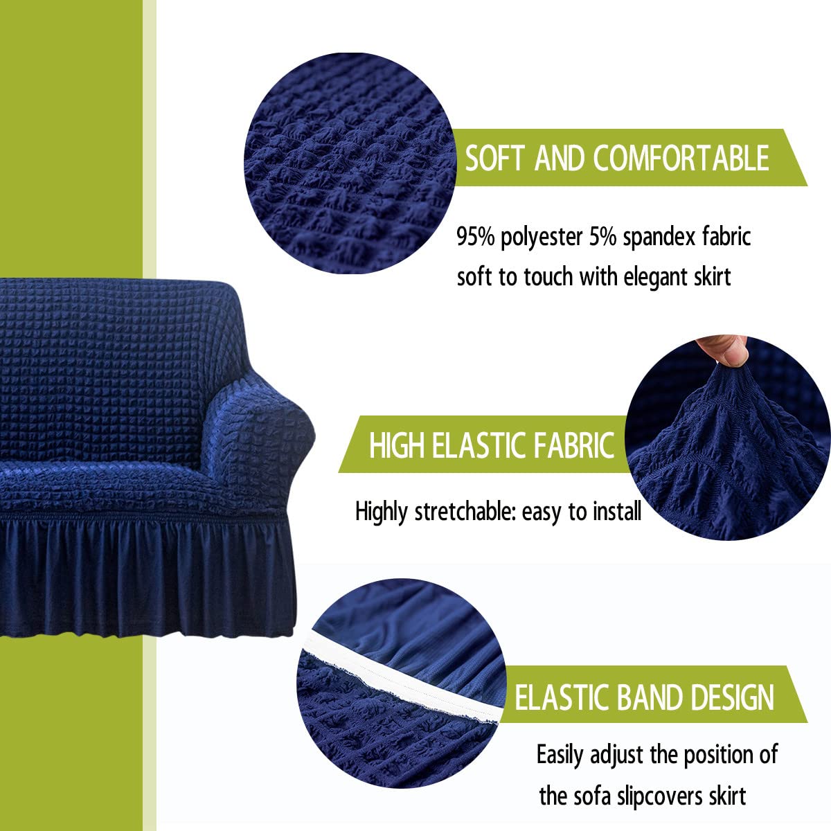 Qubjus Stretch Sofa Slipcover - Washable Couch & Sofa Bed Cover with Elastic Bottom & Skirt - Furniture Protector for Living Room, Bedroom, Office (Blue, Large) - Perfect for Pets, Kids & Daily Use