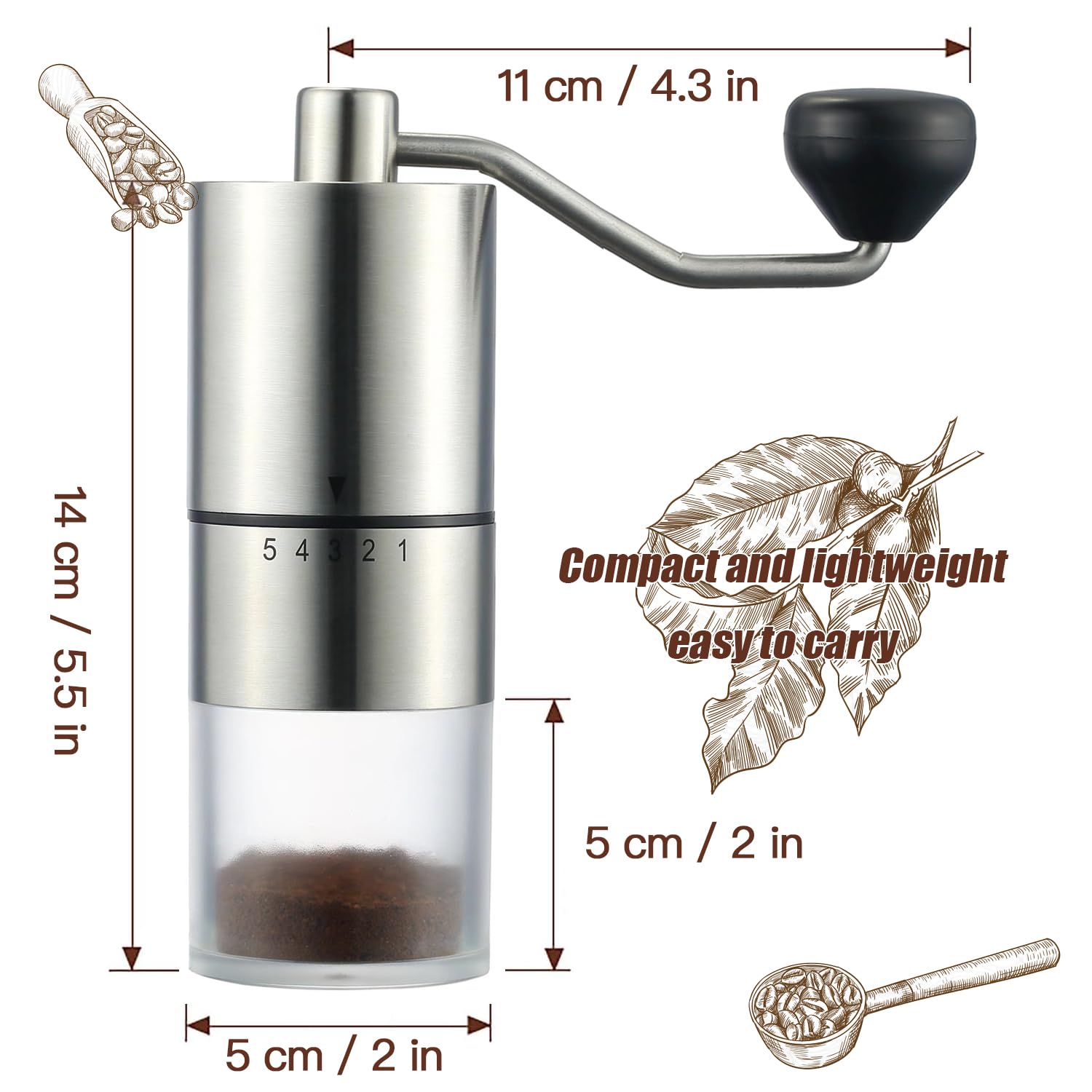 Premium Portable Manual Coffee Grinder with Conical Burr - 5 Adjustable Settings for Espresso, French Press & Drip Coffee | Perfect for Home, Office, Camping & Travel | Compact Hand Crank Coffee Mill for Fresh Ground Beans Anywhere