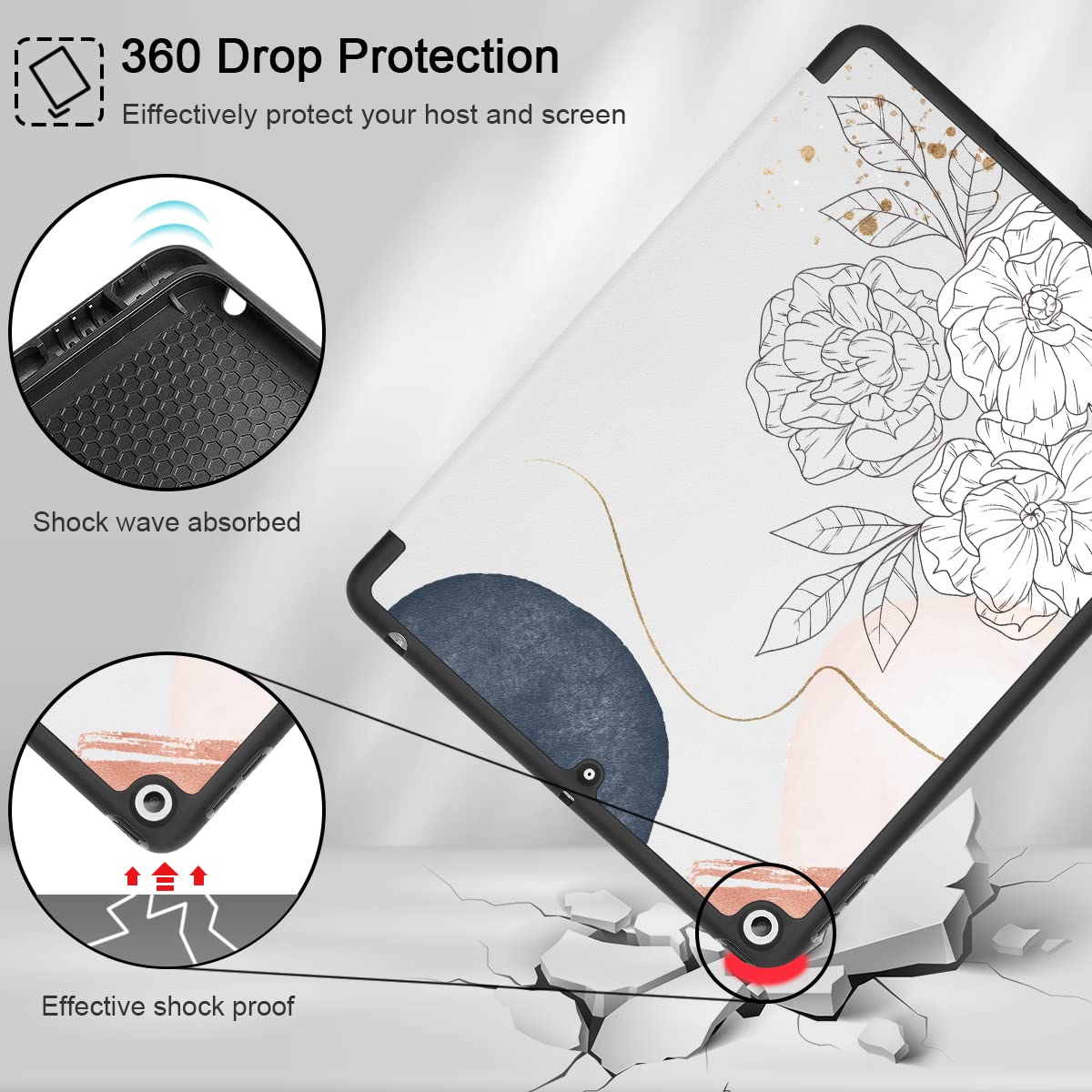 Premium iPad 10.2 Case (2021/9th Gen & 2020/2019/8th/7th Gen) - Trifold Stand with Built-in Pencil Holder, Auto Wake/Sleep & TPU Protection - Floral Design for Work, School & Travel