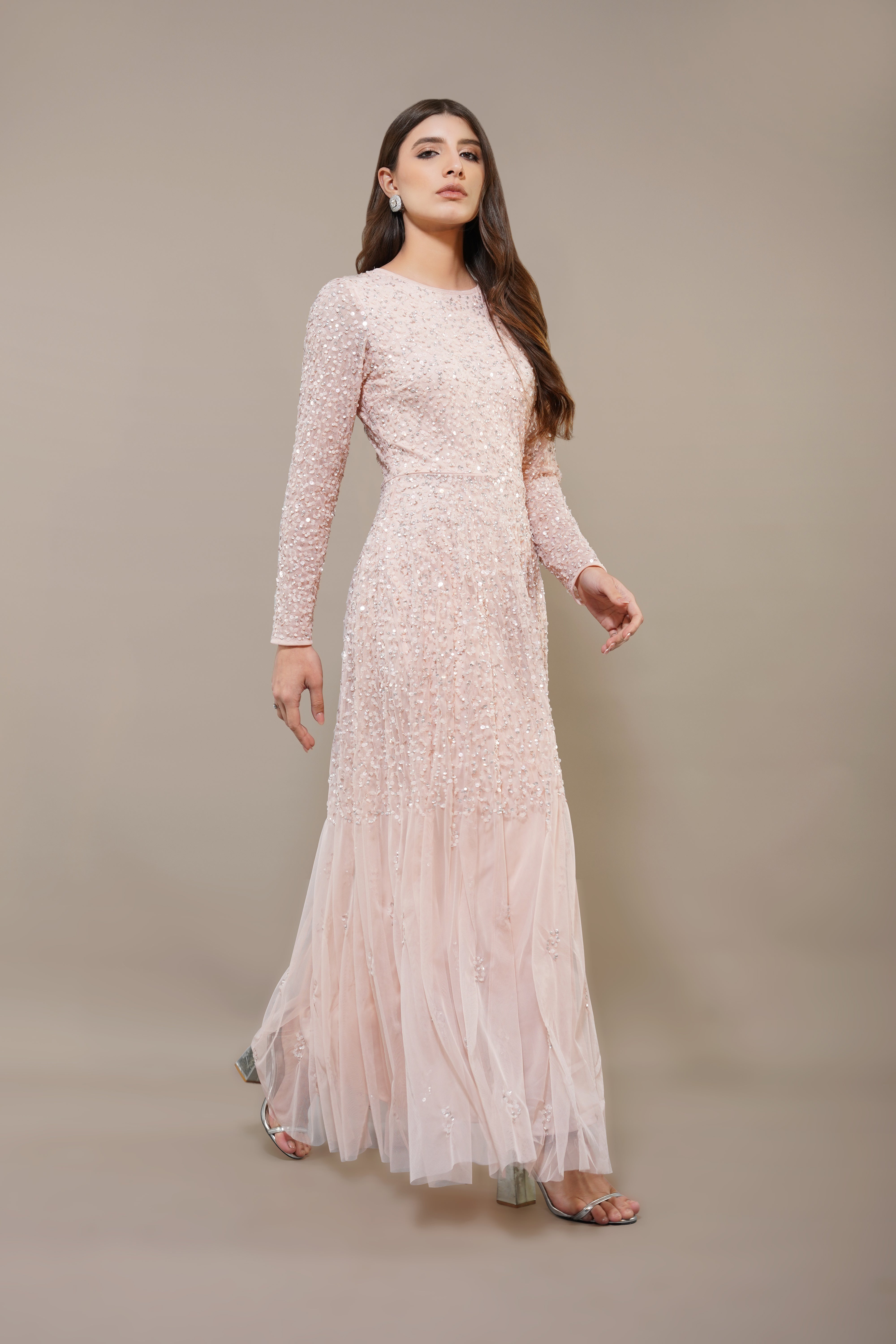 Sila Blush Pink Long Sleeve Embellished Maxi Dress for Women - Elegant Evening Gown for Weddings, Parties & Special Occasions