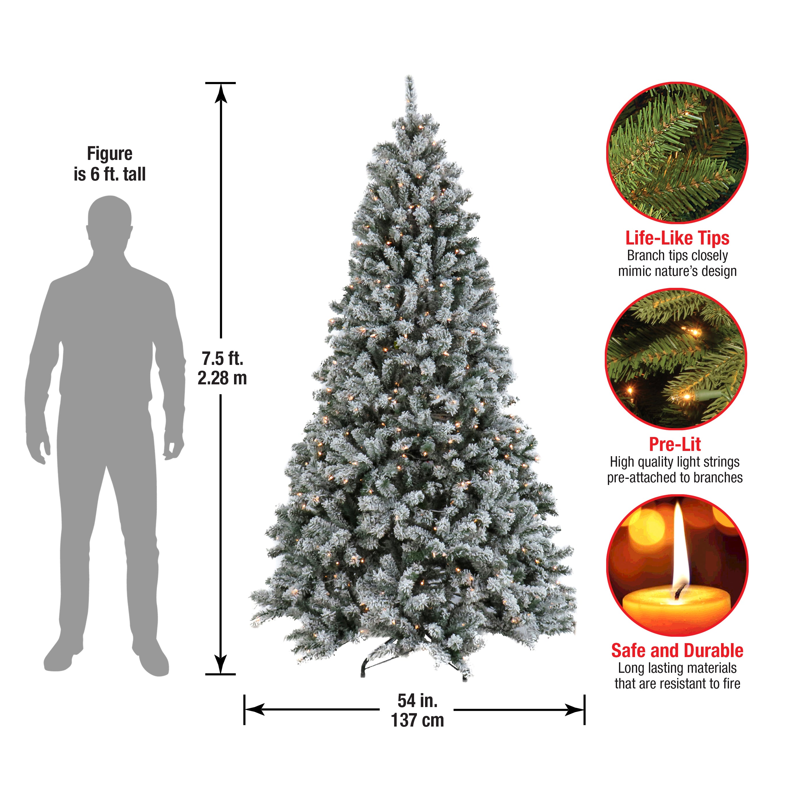 7.5 ft Pre-Lit Artificial Christmas Tree - North Valley Spruce with Snowy Branches & Clear LED Lights for Holiday Home Decor