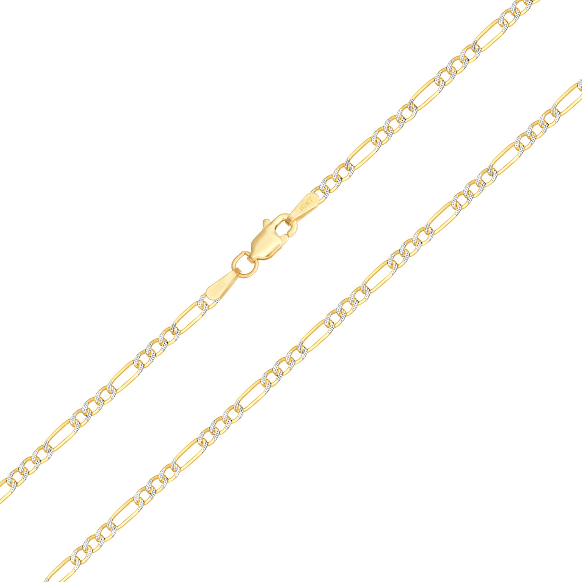 10k Real Yellow Gold Figaro Link Chain Bracelet or Anklet - 2.5mm Diamond Cut Pave Design - Two Tone Italian Jewelry for Men & Women (7