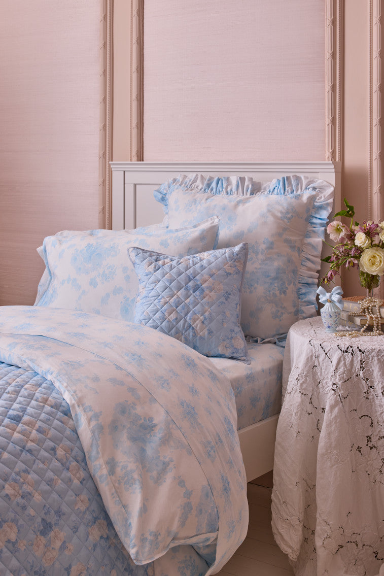 Floral Quilted Pillow Cover - Whisper Blue Home Decor for Sofa, Bed & Couch - Soft Cotton Decorative Throw Pillow for Living Room, Bedroom & Nursery
