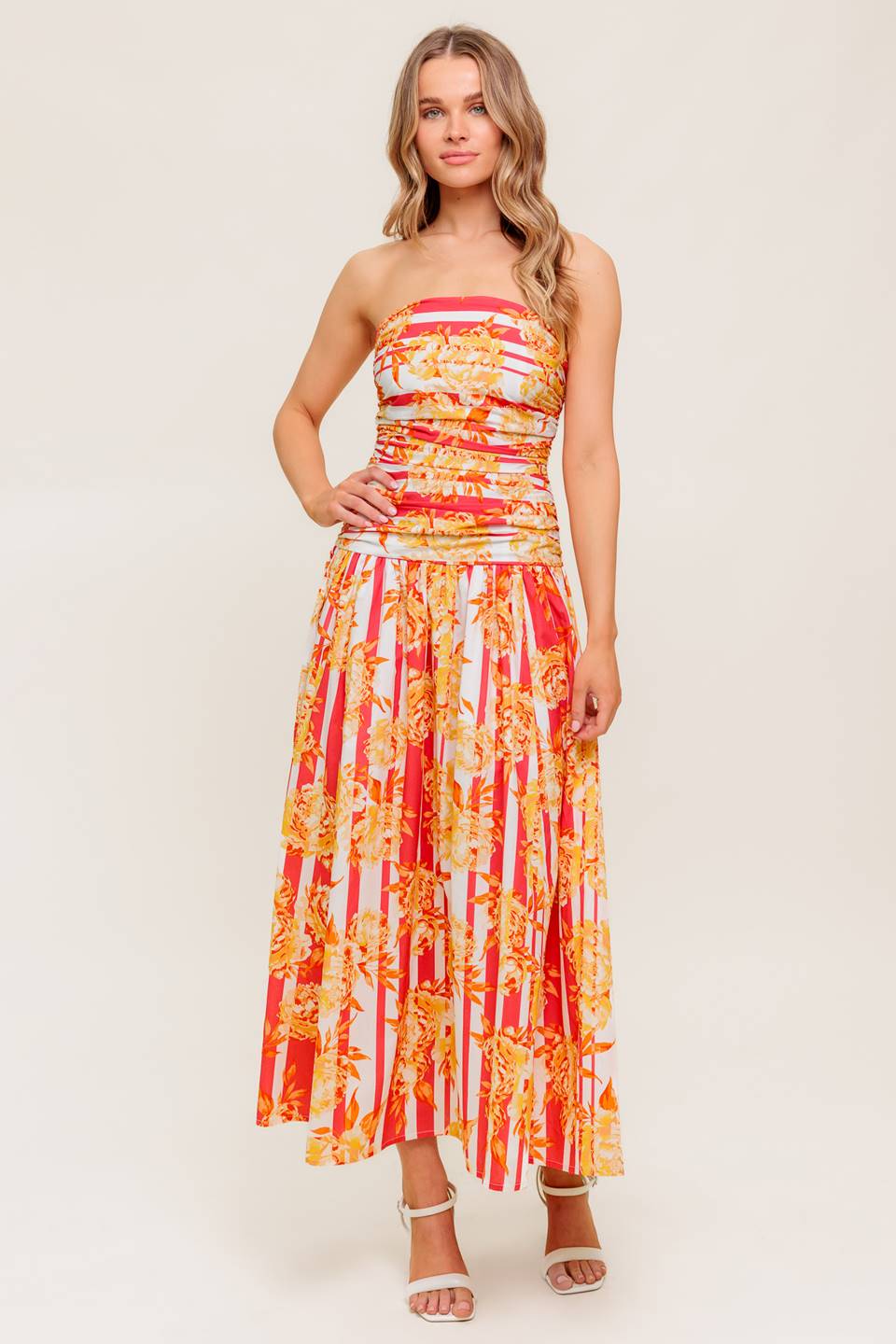 PEONY STORM Shirred Strapless Midi Dress - Elegant Summer Party, Wedding Guest & Cocktail Dress for Women