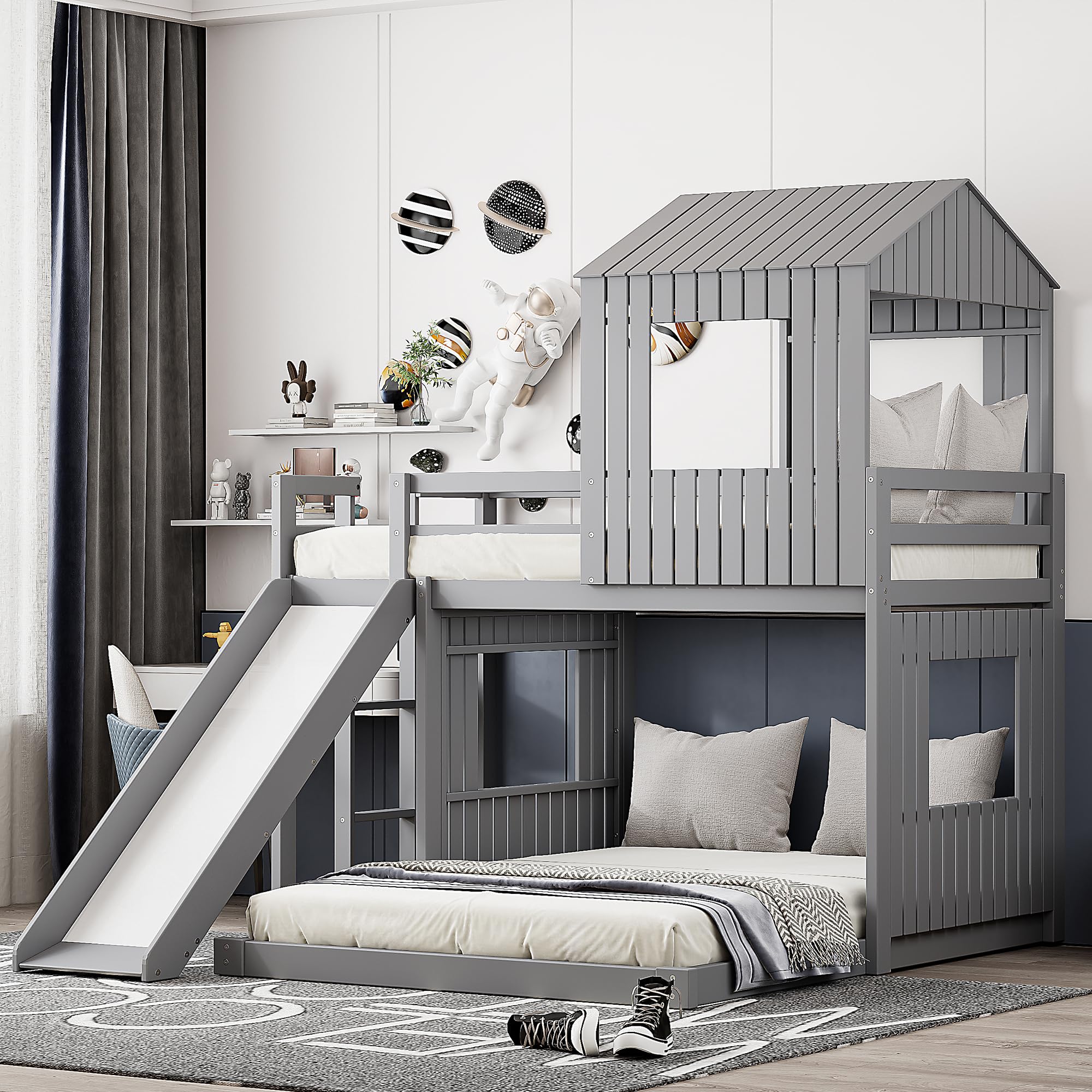 **MERITLINE Twin Over Full Bunk Bed with Slide & Playhouse Design - Wooden Kids Bunk Bed with Roof, Windows & Ladder - Gray - Perfect for Boys & Girls Bedroom, Playroom or Small Space**    (Note: The original title was already in English, so no translation was needed. The optimized version improves readability, adds relevant keywords, and includes usage scenarios like 