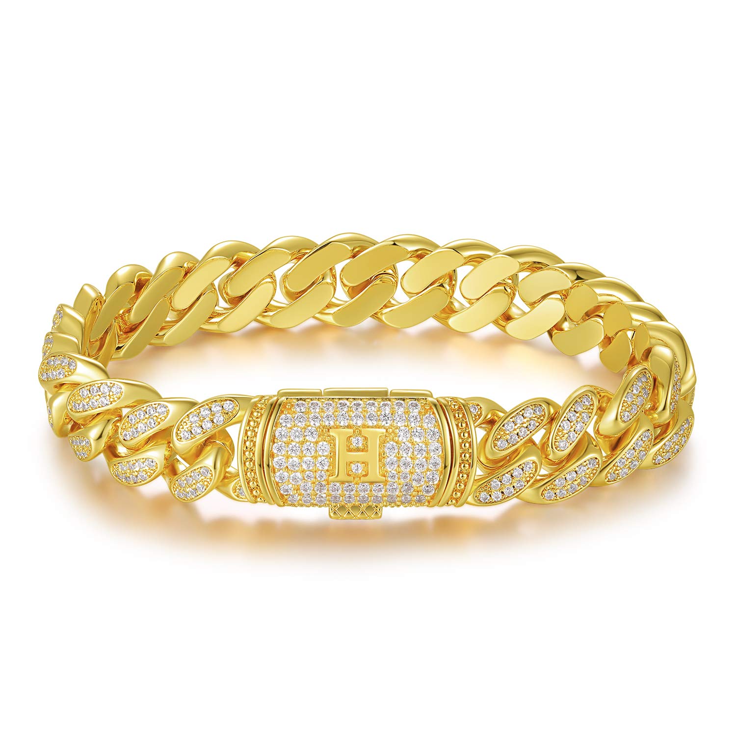 ETEVON Gold Plated Cuban Link Initial Bracelet - Hip Hop Jewelry for Men & Women - Personalized Gift for Birthday, Father's Day, Husband, Boyfriend, Son - Perfect for Parties, Date Nights & Special Occasions