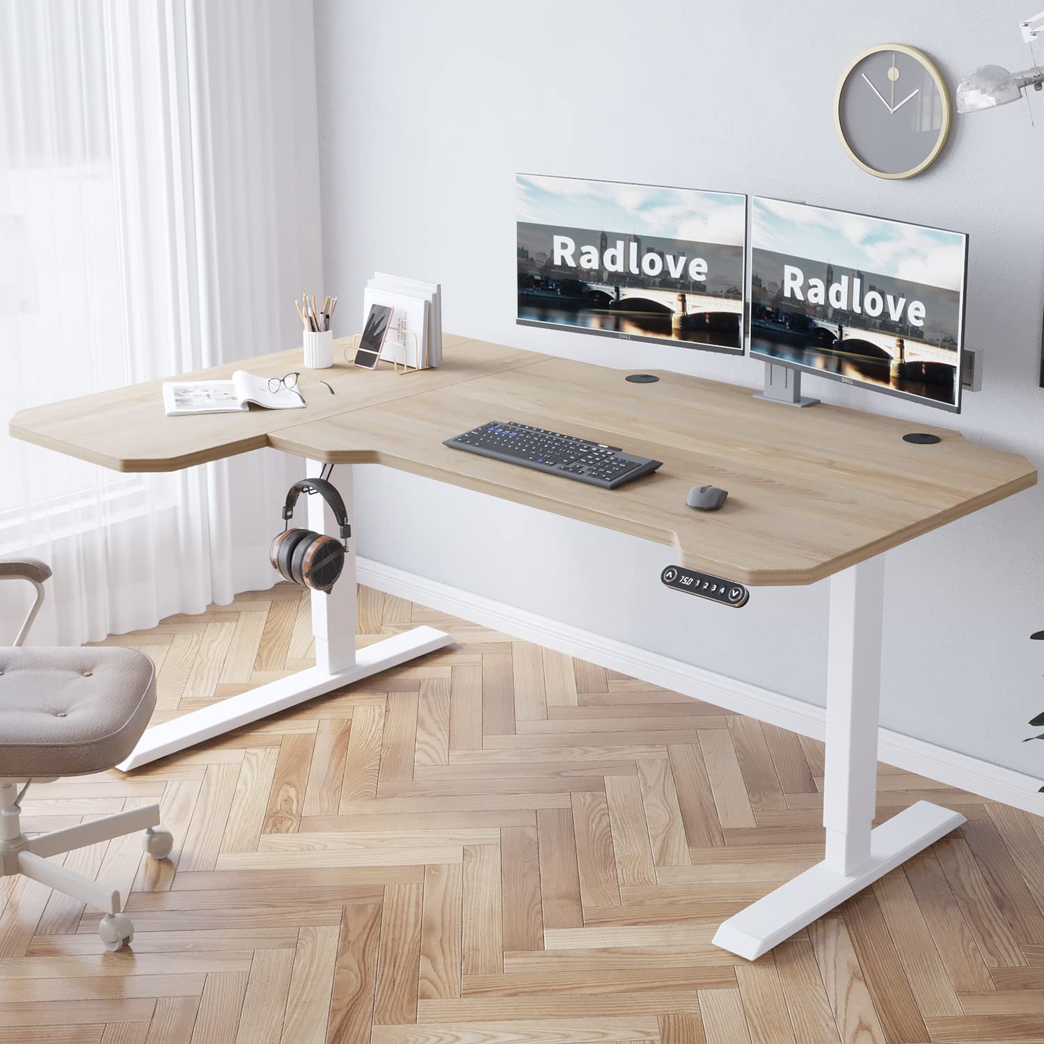 59-Inch Large Electric Height Adjustable L-Shaped Standing Desk with Memory Controller - Ergonomic Corner Workstation with Splice Board (White Frame + Oak Top) - Perfect for Home Office, Gaming Setup & Workspace Organization