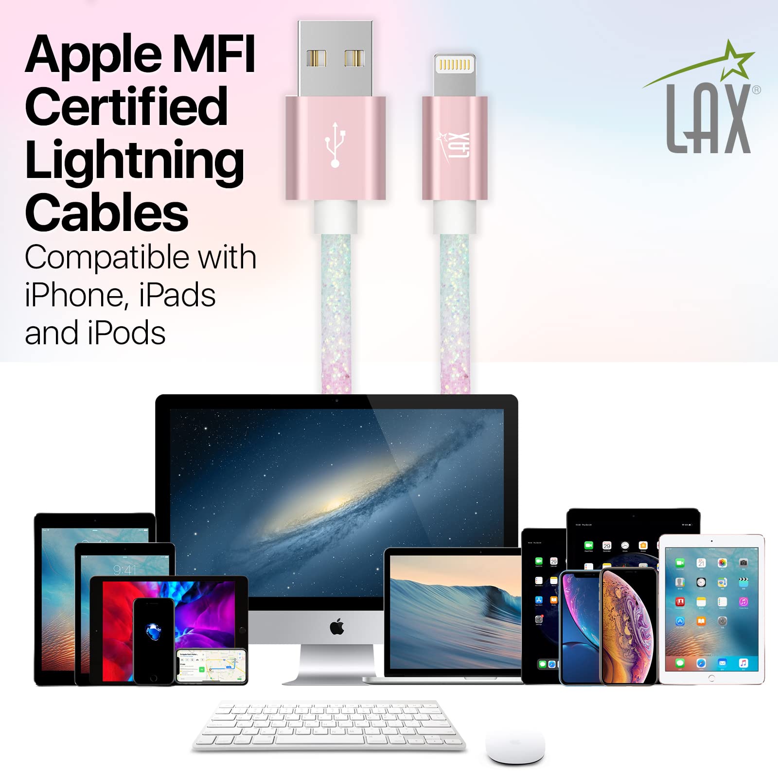 LAX Gadgets USB A to Lightning Cable - MFI Certified Fast Charging & Data Sync Cable for iPhone 14/13/12/11/X/8, iPad, iPod - 6ft Nylon Braided Durable Cable - Pastel Rainbow (GLMFI6PAS) | Perfect for Home, Office & Travel Charging