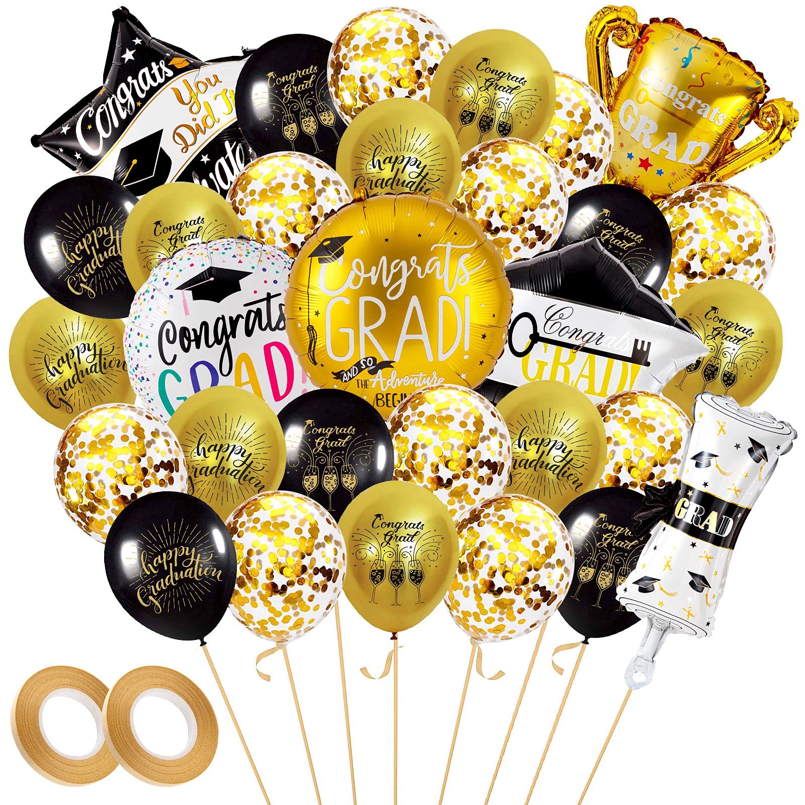 38PCS 2024 Graduation Balloons Set - Black Confetti & Gold Foil Balloons for Class of 2024 - Perfect for College & High School Graduation Party Decorations - Great for Photo Backdrops, Wall Decor & Celebration Supplies