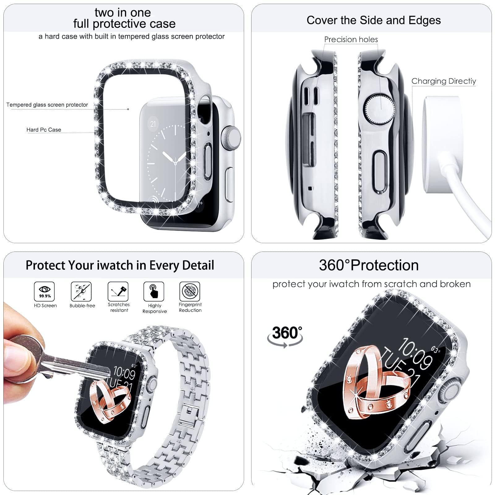VISOOM Compatible with Apple Watch Band 40mm 41mm 44mm 45mm - Fashion Diamond Strap Replacement for Series 9/8/7/SE/6/5/4 - Cute Women's iWatch Accessory for Workout, Office & Daily Wear
