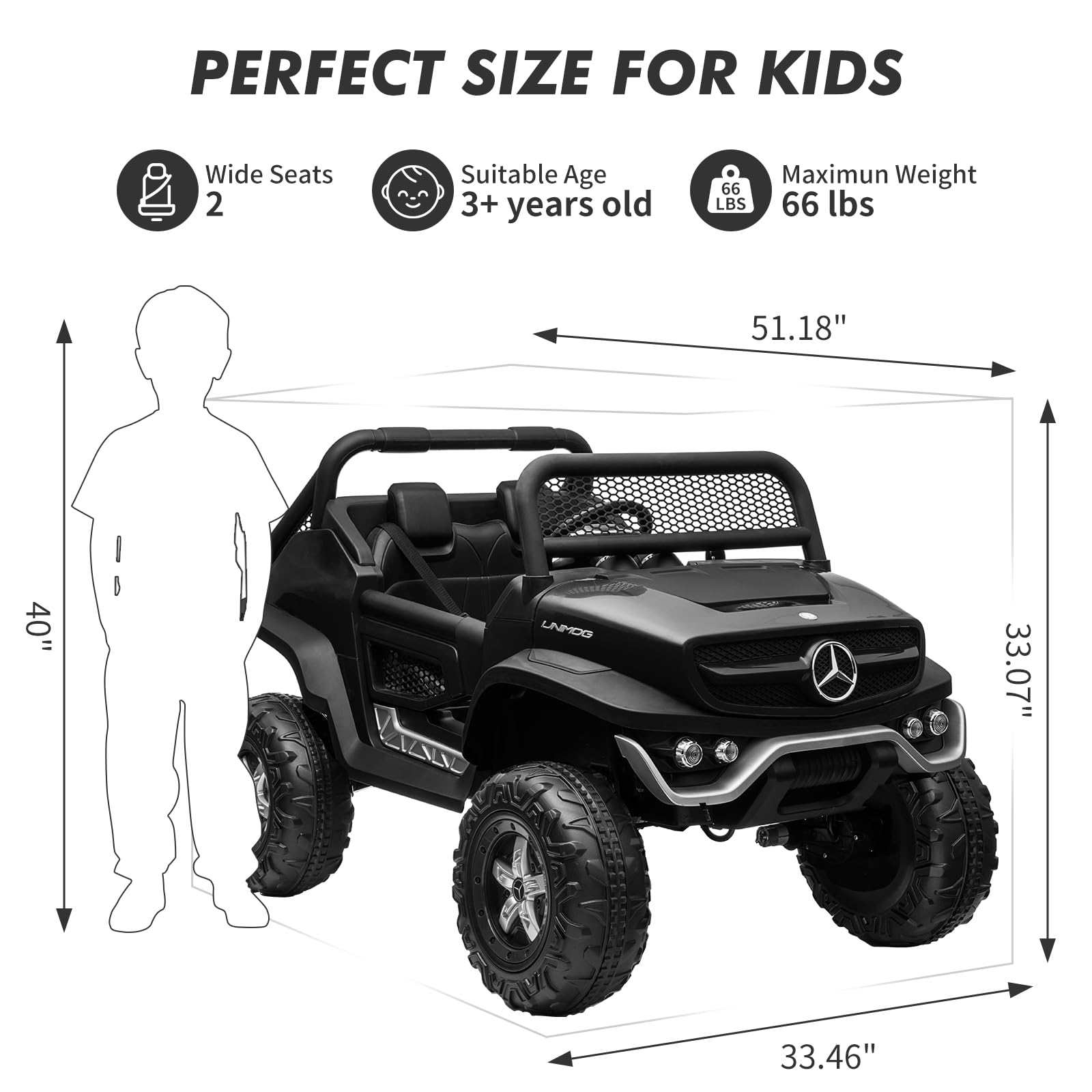 GARVEE 24V Kids Ride On Truck - 2 Seater Licensed Mercedes Benz Electric Toy Car for Toddlers with Remote Control, LED Lights, Music & Spring Suspension | Battery-Powered Vehicle with Storage Trunk & Battery Display | Perfect for Outdoor Play, Birthday Gifts & Family Fun
