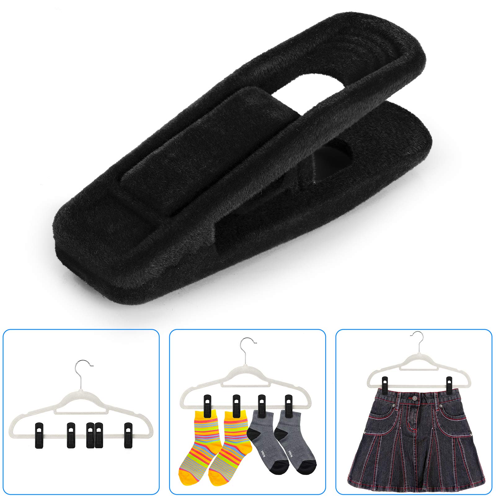 50-Pack Velvet Hangers with Clips - Heavy Duty Black Pants Hangers, Strong Flocked Clips for Slim Clothes - Space Saving Closet Organizer for Dresses, Skirts, Pants & Delicate Garments