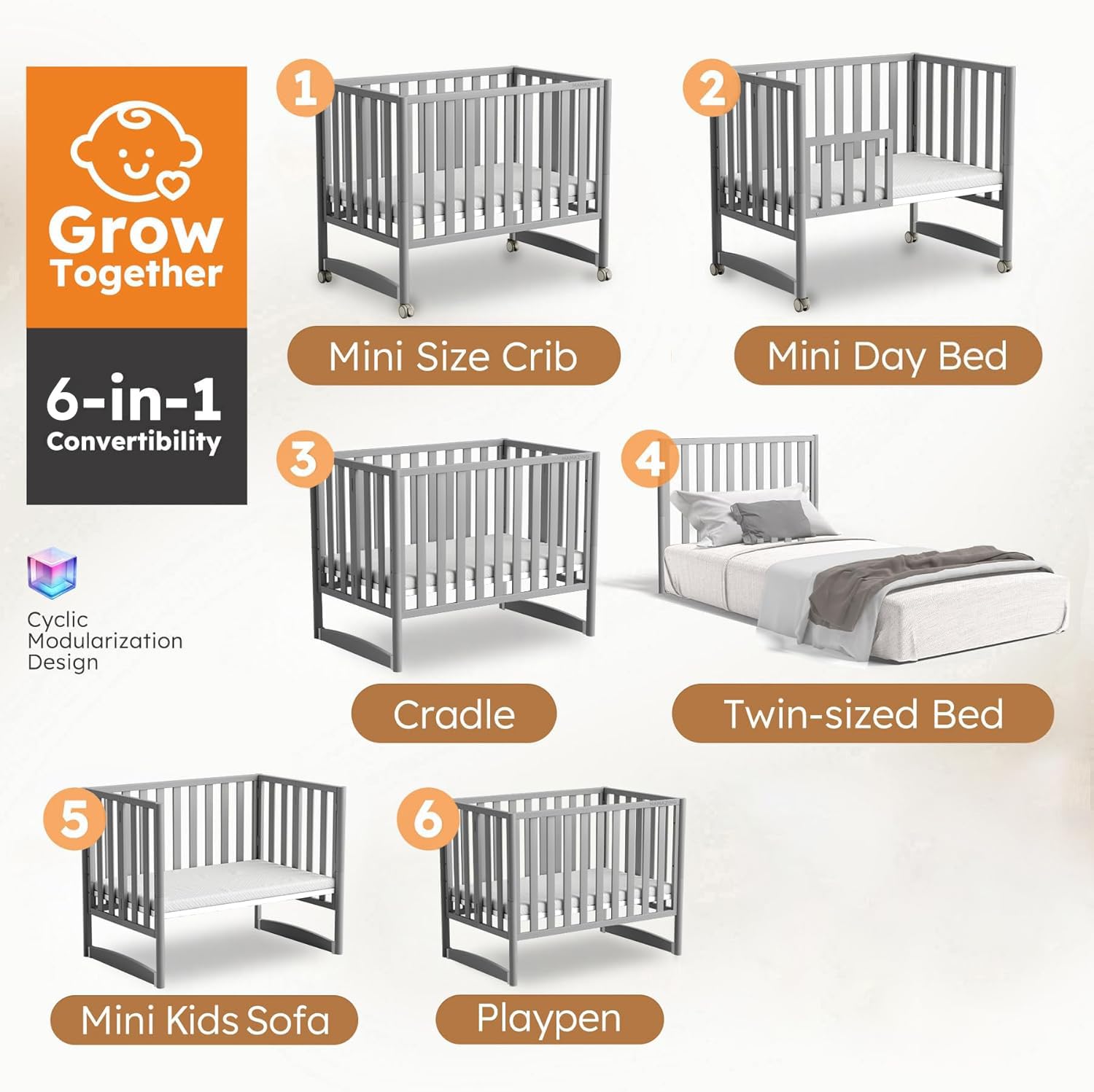 EvoNook 7-in-1 Convertible Mini Crib - Portable Folding Baby Bed with Wheels, 100% New Zealand Pine Wood, 4 Adjustable Heights (Crib to Toddler Bed) - Perfect for Nursery, Small Spaces & Travel