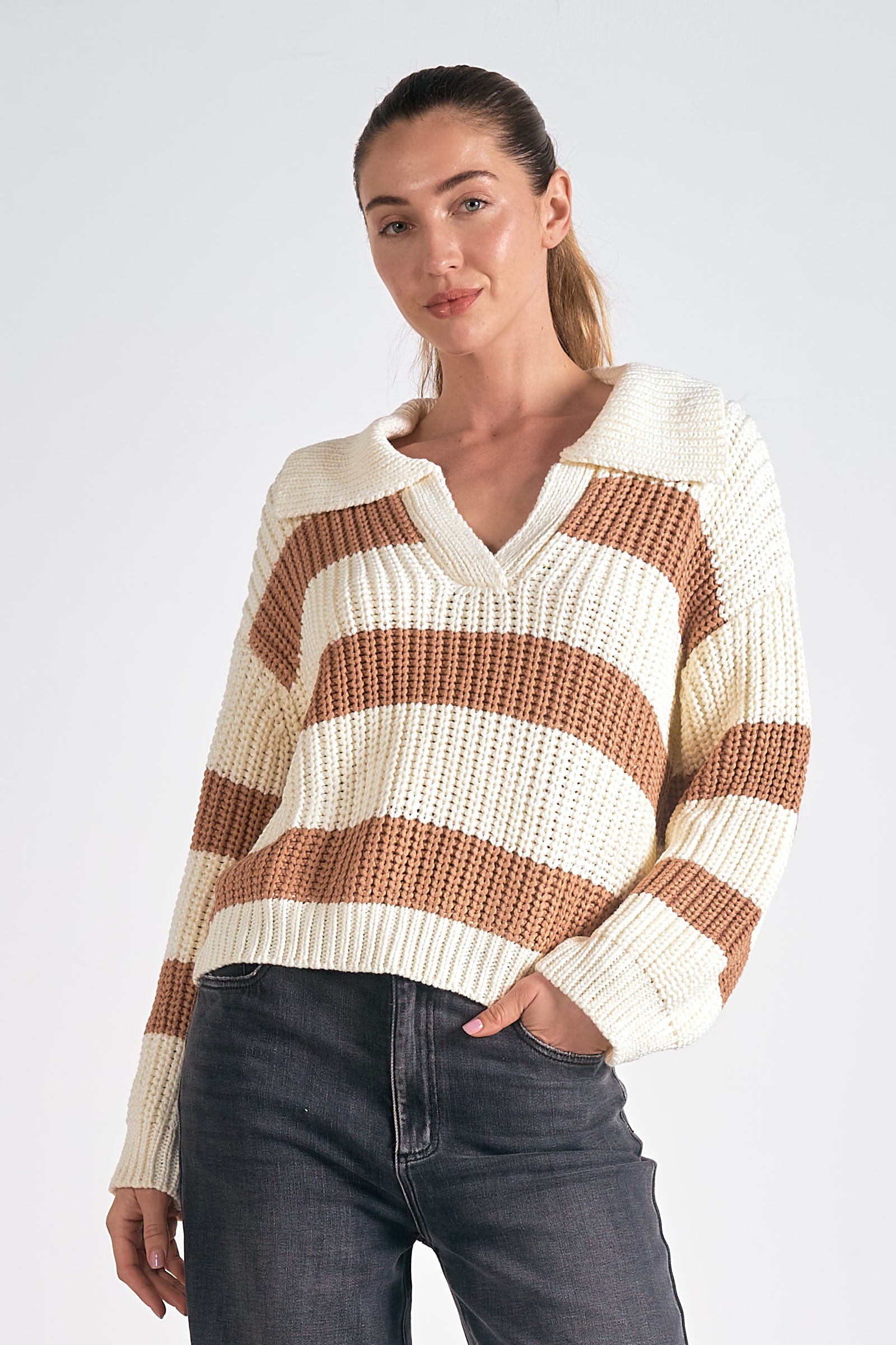 Stylish Striped V-Neck Collared Sweater for Women | Casual & Office Wear | Perfect for Fall & Winter Outfits