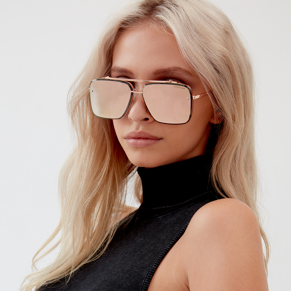 Bella Rose Gold Oversized Square Aviator Sunglasses for Women - Trendy Fashion Shades for Outdoor Activities, Beach, Driving & Summer Vacations