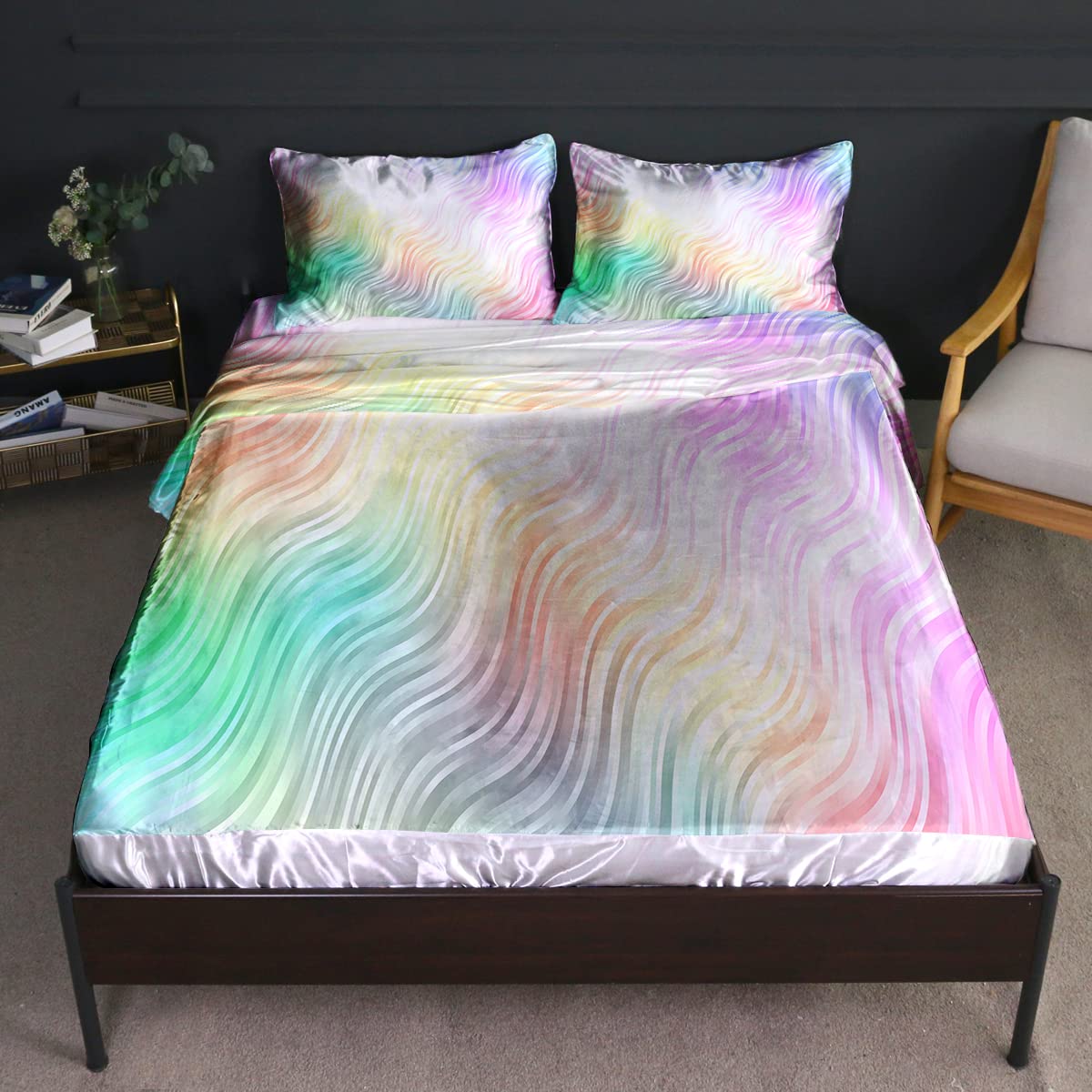BlessLiving Ombre Satin Sheets Set - King Size Watercolor Green & Pink 4-Piece Bedding (Pillowcases, Flat & Fitted Sheet) | Ultra Soft Silky Fabric for Luxurious Bedroom Decor & Gift Ideas