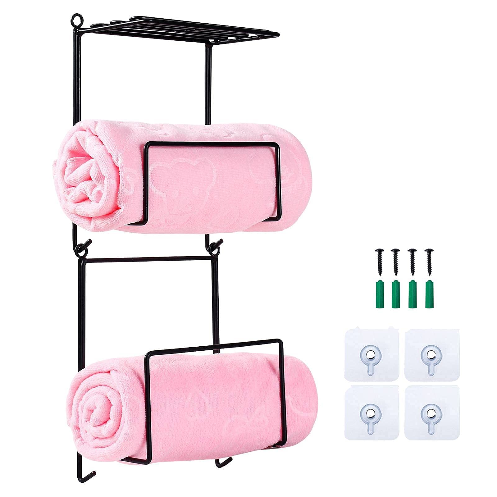 JGLASSMALL Wall Mounted Bathroom Towel Rack with Top Shelf - Heavy Duty Metal Wire Towel Organizer for Rolled Towels & Washcloths - Perfect for Bathroom Storage & Organization (White)