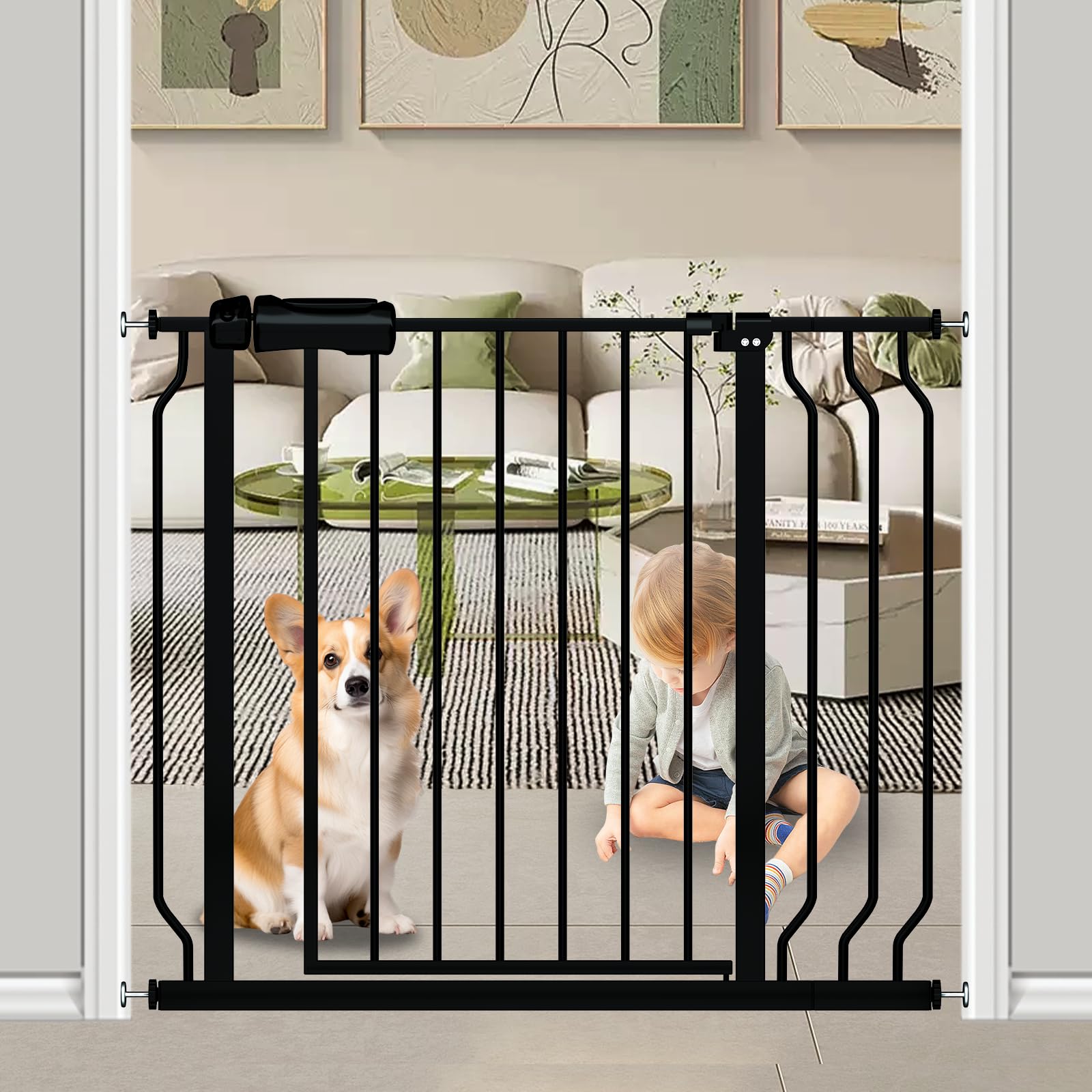 Fairy Baby Walk Through Black Baby Gate 34-38.5 Inch Wide - No Drill Pressure Mounted Safety Gate with Door - Tension Metal Pet Gate for Dogs & Toddlers - Perfect for Stairs, Hallways & Doorways