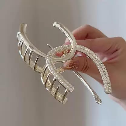 RUBELA Golden Metal Hair Clip - Chanel Logo Hair Claw Clip for Women (1 Piece, Gold) - Perfect for Parties, Weddings, and Everyday Elegant Hairstyles