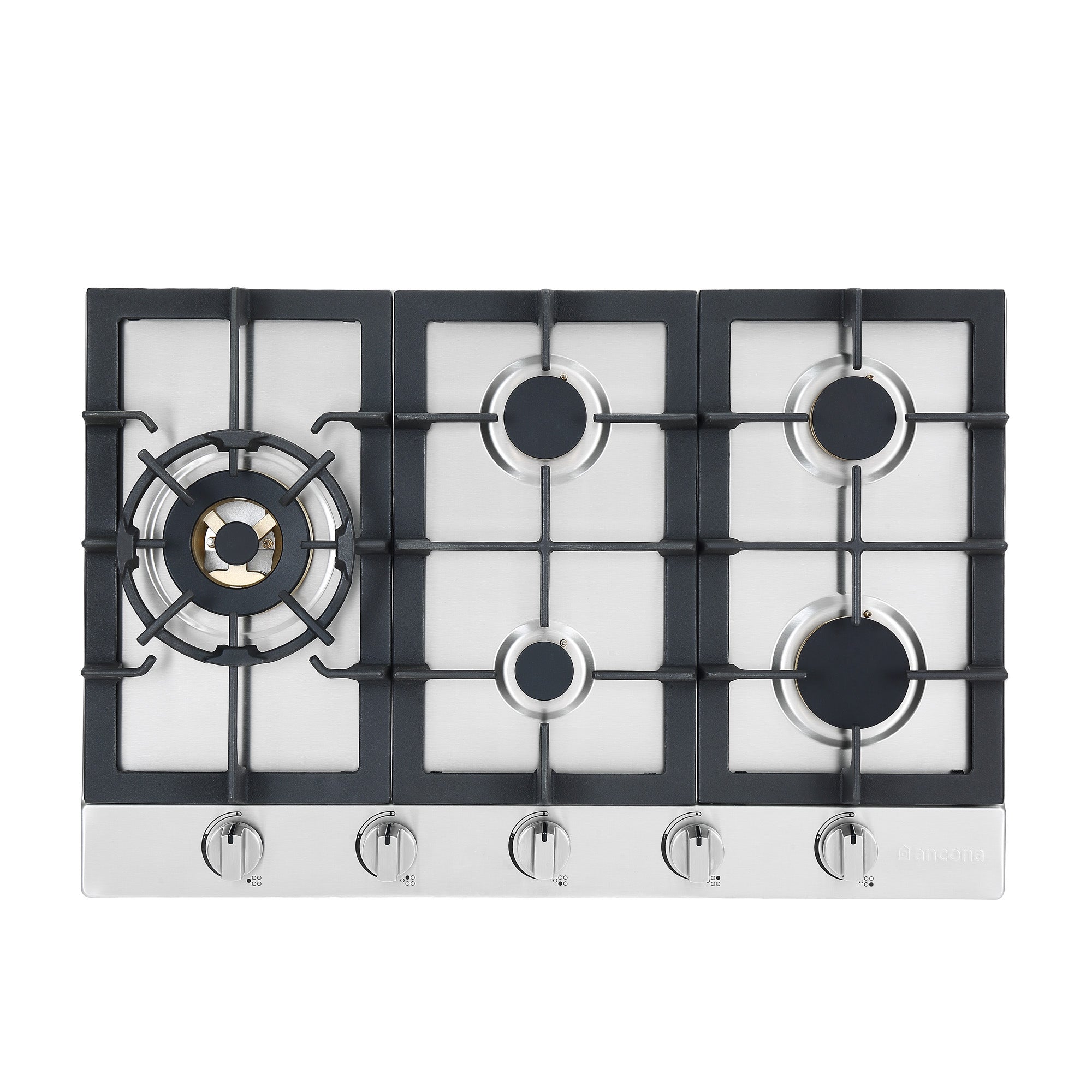 Ancona 30 Inch Stainless Steel Recessed Gas Cooktop - 5 Brass Burners with Cast Iron Pan & Wok Supports - Perfect for Home Kitchens & Professional Cooking
