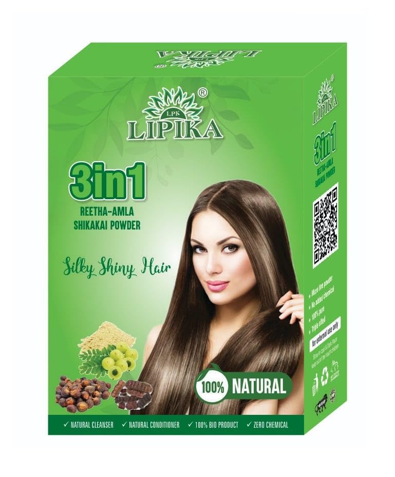 Lipika 3-in-1 Herbal Hair Powder - 100% Natural with Amla, Reetha & Shikakai | Hair Conditioner for Men & Women | All Hair Types | Smooths & Silky Hair | Improves Hair Texture - 200g | Perfect for Daily Hair Care & Scalp Treatment