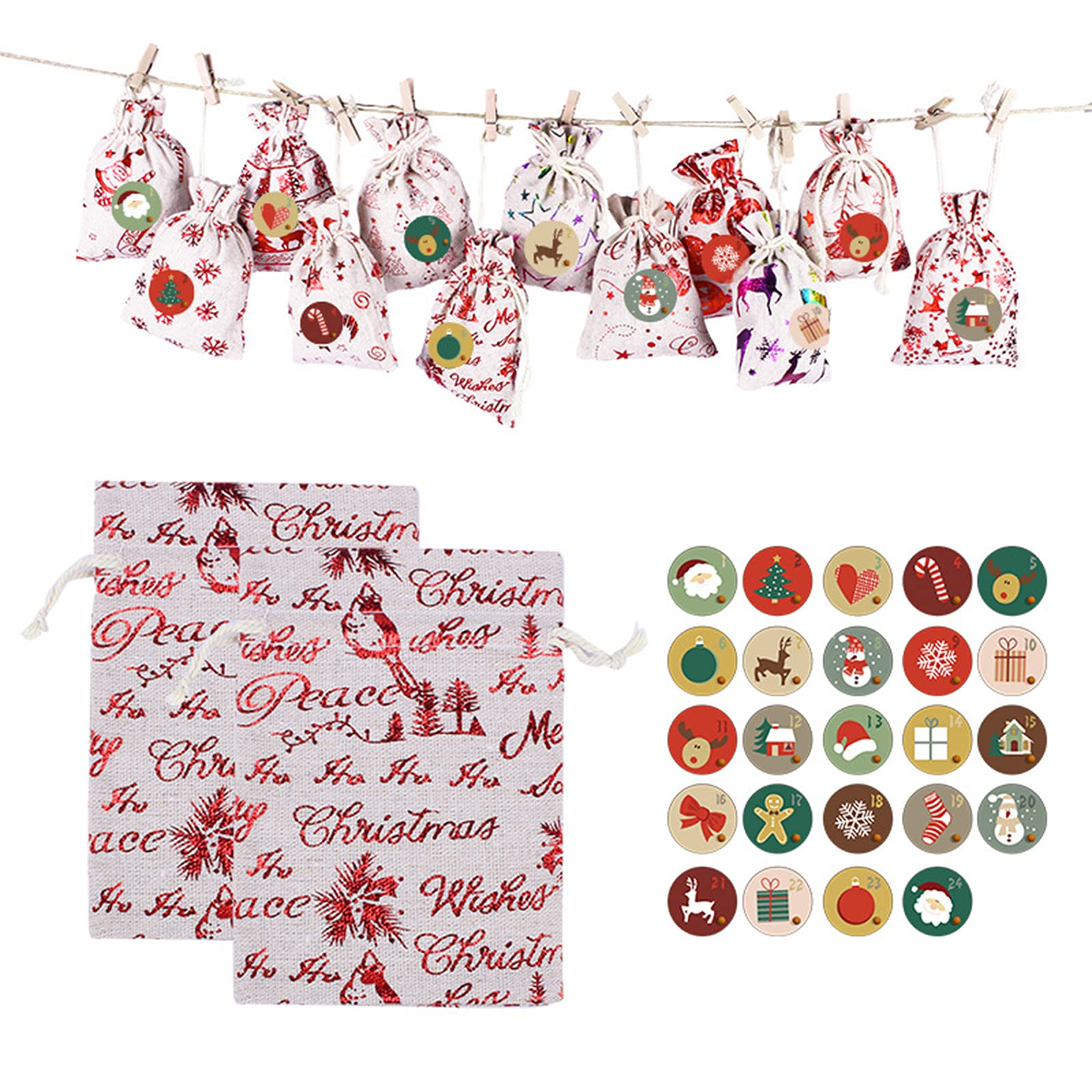 24 Days Christmas Advent Calendar Bags with Drawstring - DIY Holiday Countdown Gift Bags for Kids & Adults - Perfect for Home Decor, Party Favors, and Festive Gift Giving