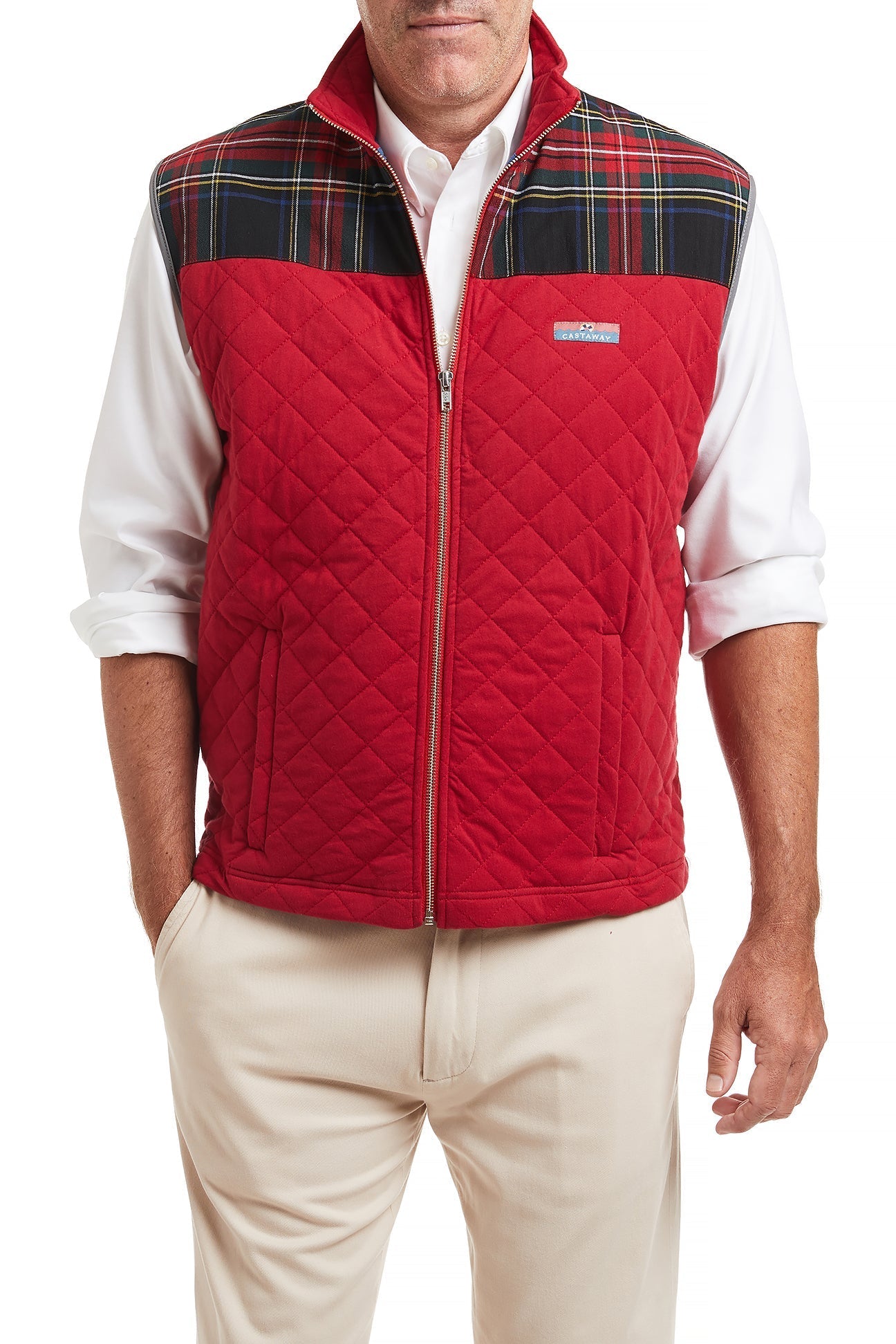 Cross Rip Quilted Vest for Men - Regatta Red with Black Stewart Tartan Trim - Outdoor Hunting, Hiking & Casual Wear
