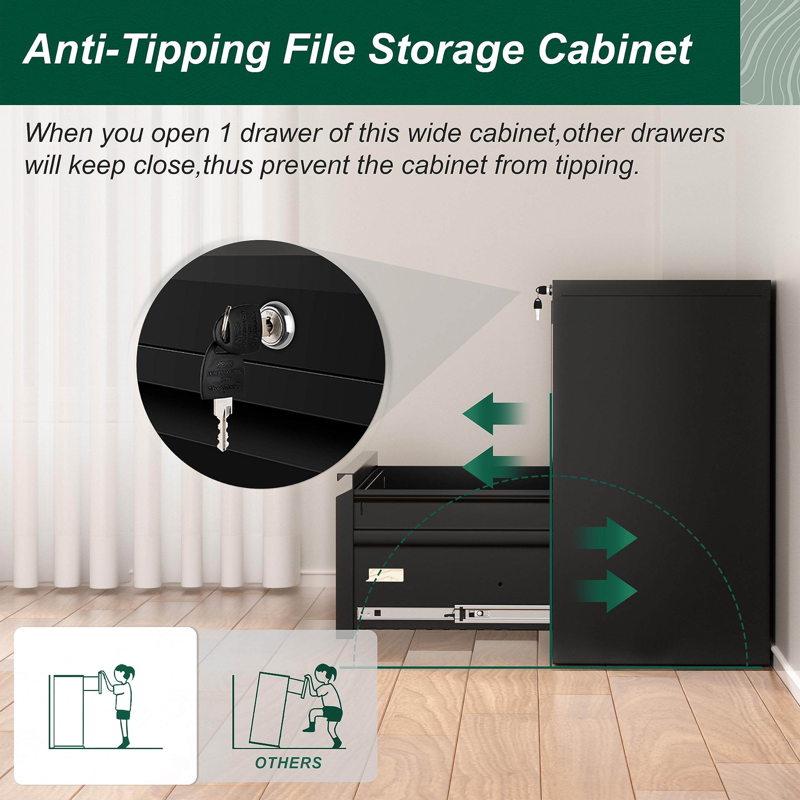 Superday 2-Drawer Metal File Cabinet with Lock - Black Lateral Filing Cabinet for Letter/A4 Size, Home Office & Legal Use - Secure Storage for Hanging Files & Documents